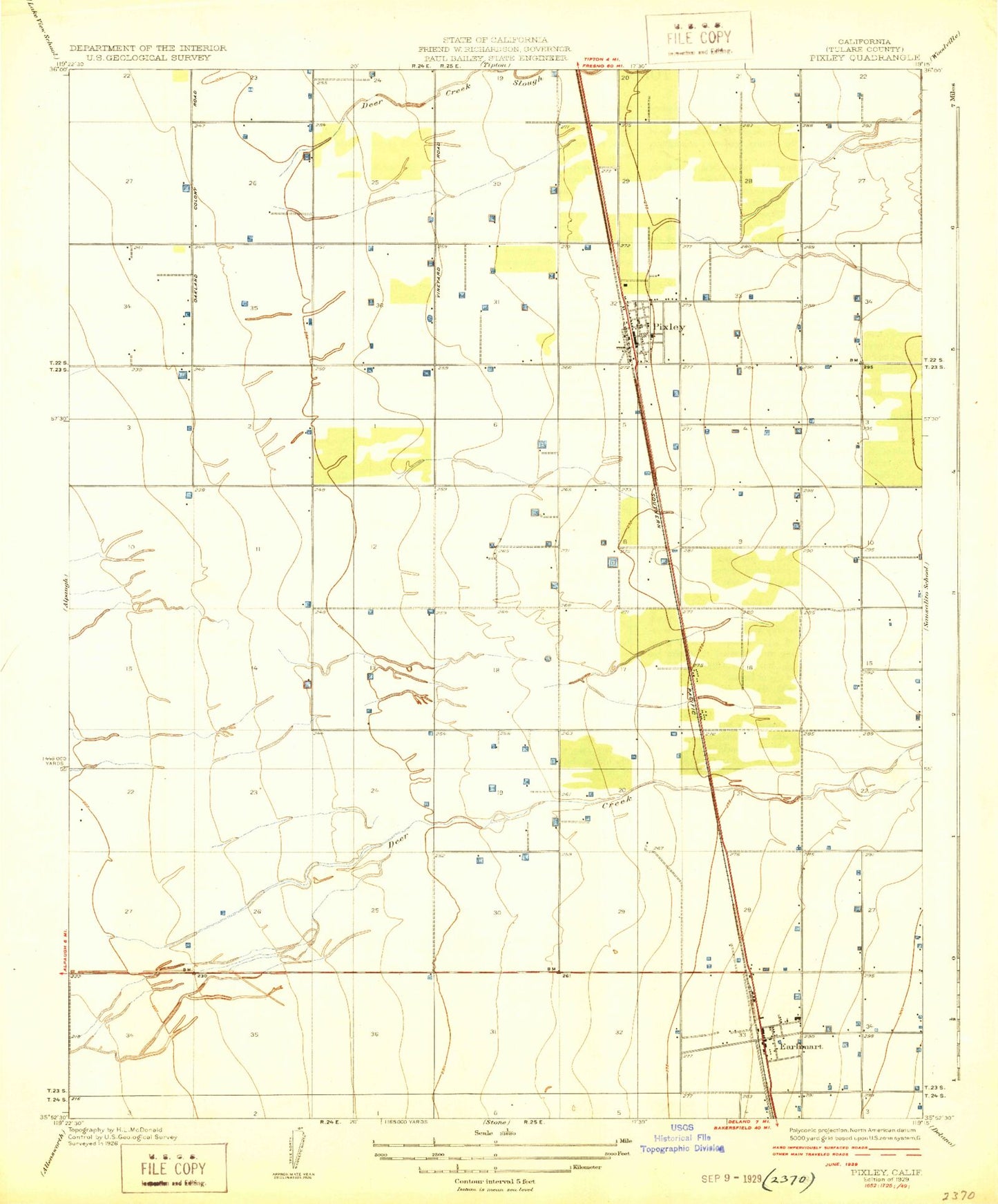 Classic USGS Pixley California 7.5'x7.5' Topo Map Image