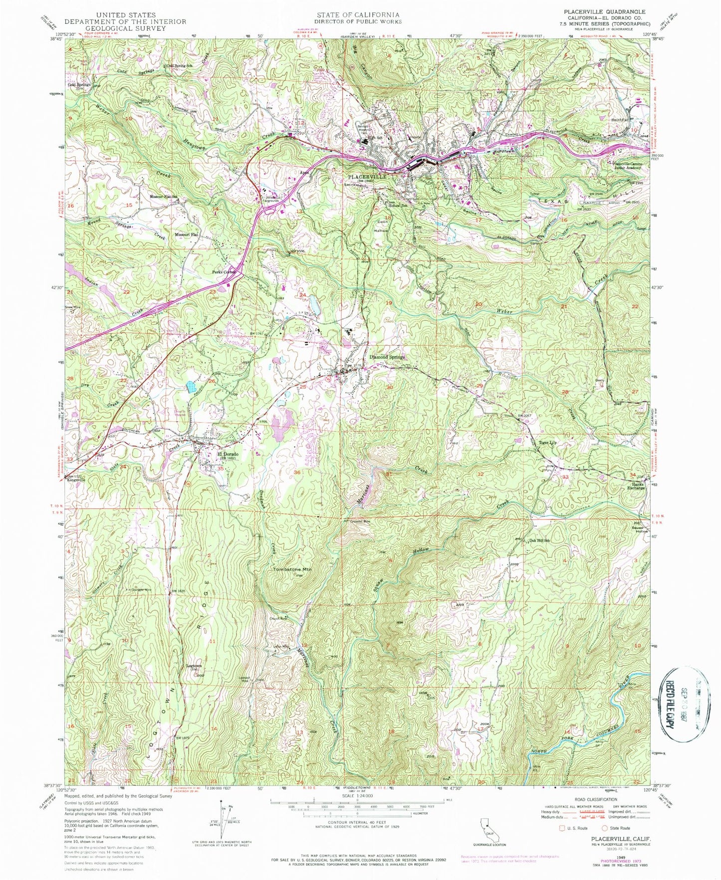 Classic USGS Placerville California 7.5'x7.5' Topo Map Image