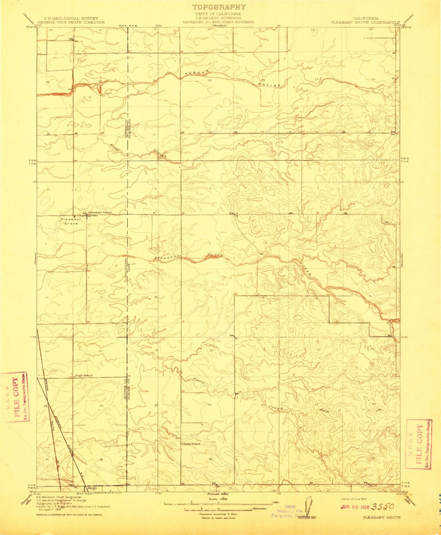 Classic USGS Pleasant Grove California 7.5'x7.5' Topo Map Image
