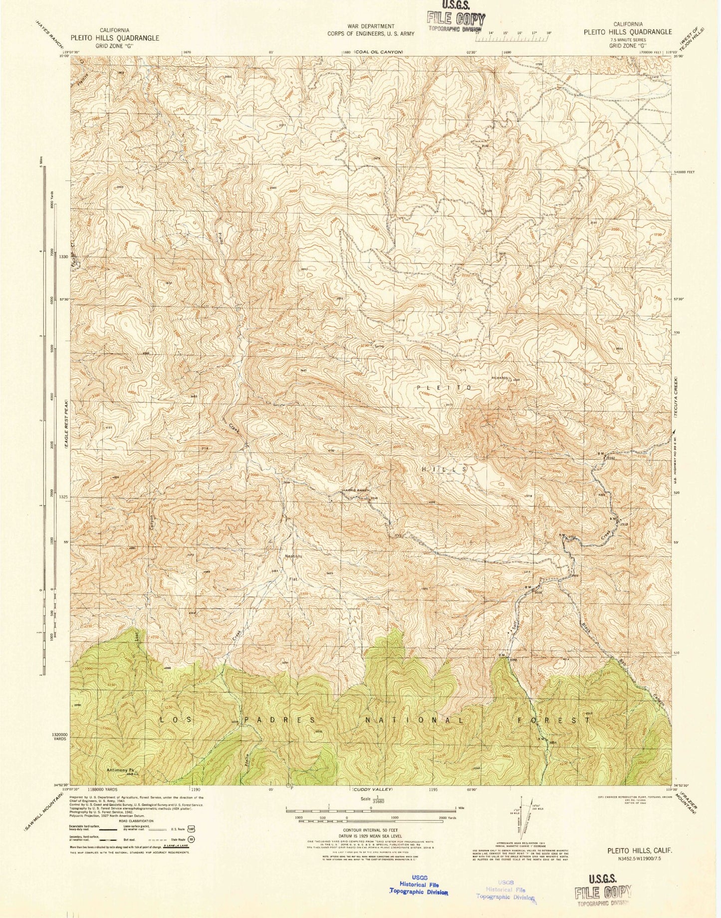 Classic USGS Pleito Hills California 7.5'x7.5' Topo Map Image