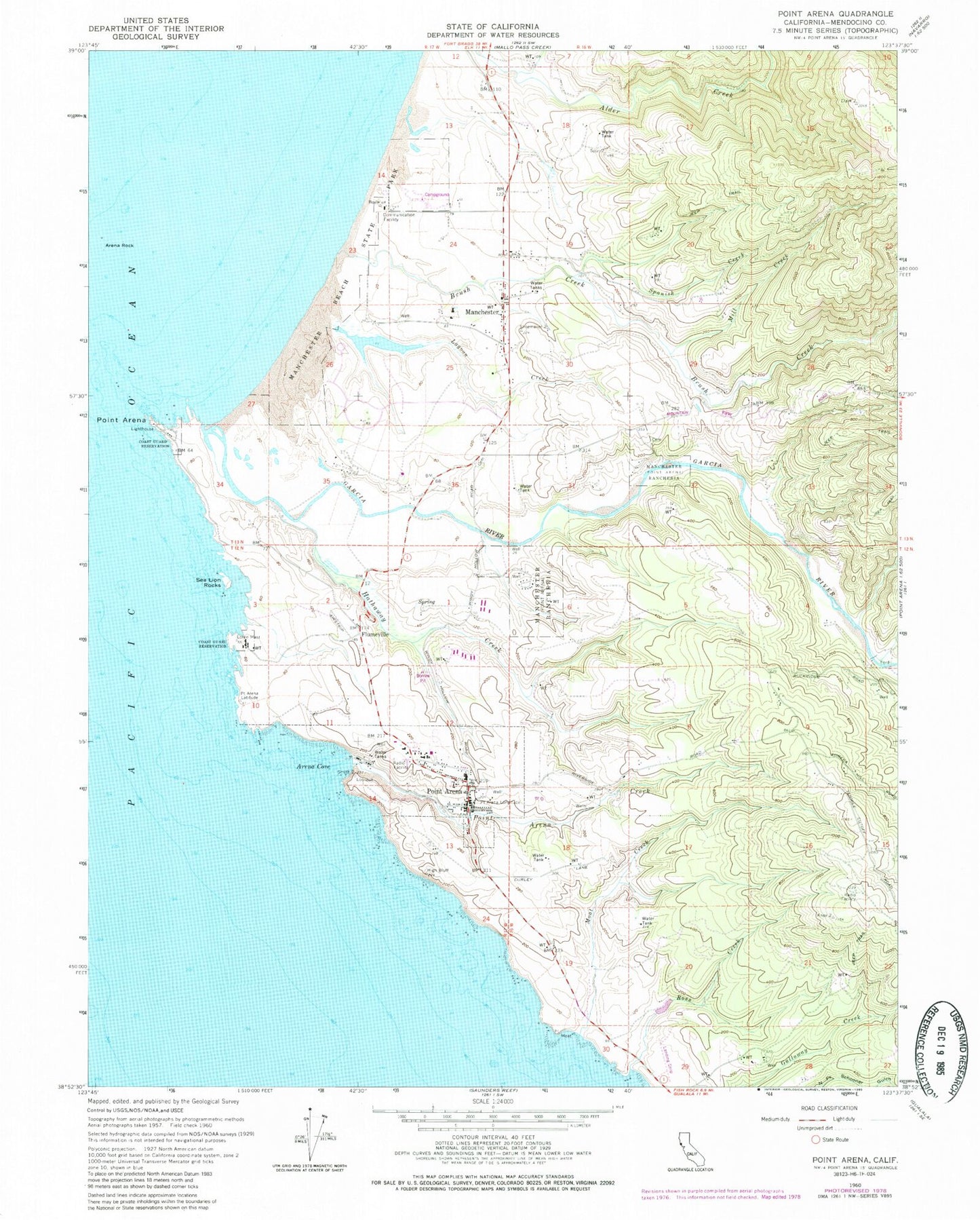 Classic USGS Point Arena California 7.5'x7.5' Topo Map Image