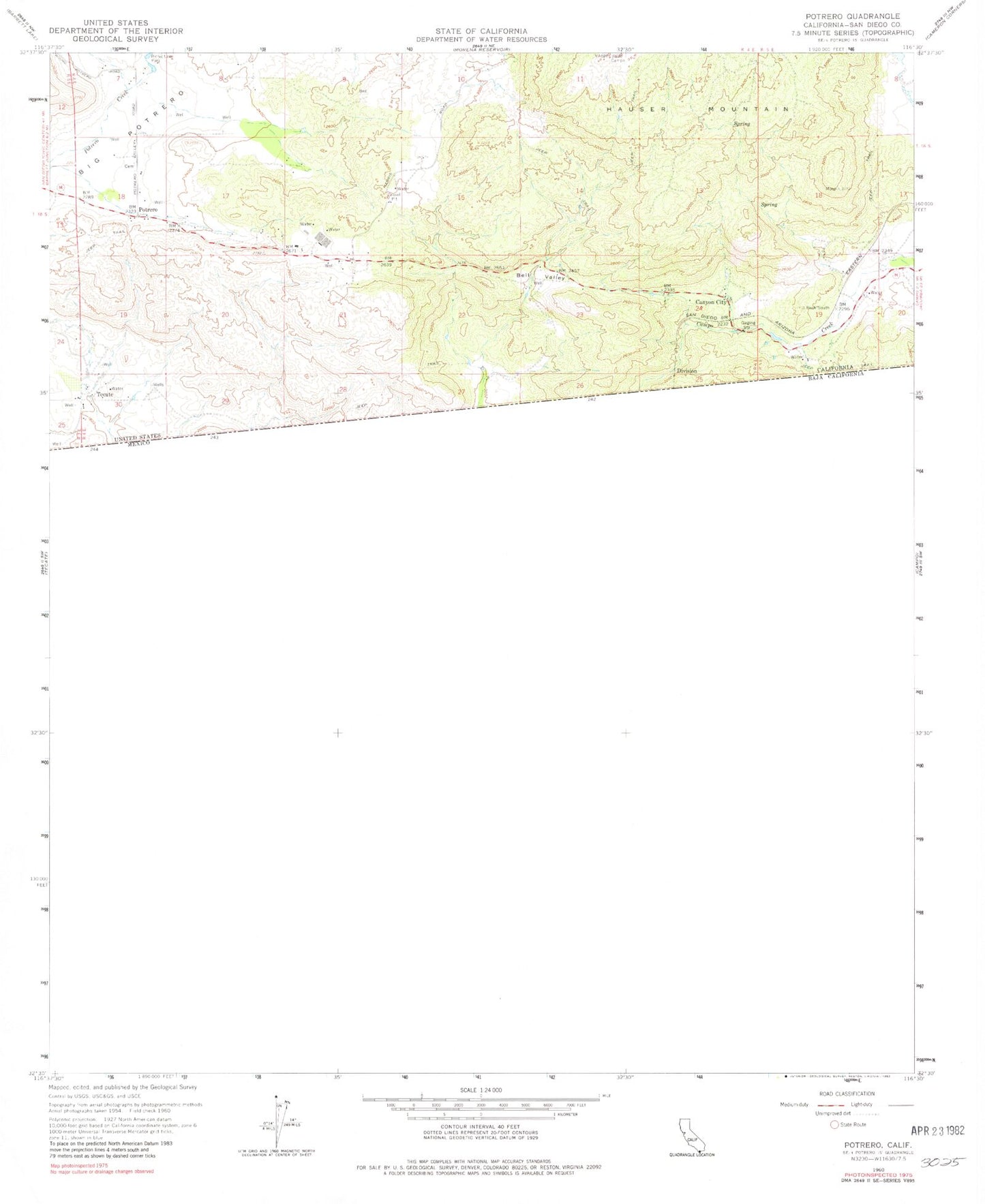 Classic USGS Potrero California 7.5'x7.5' Topo Map Image