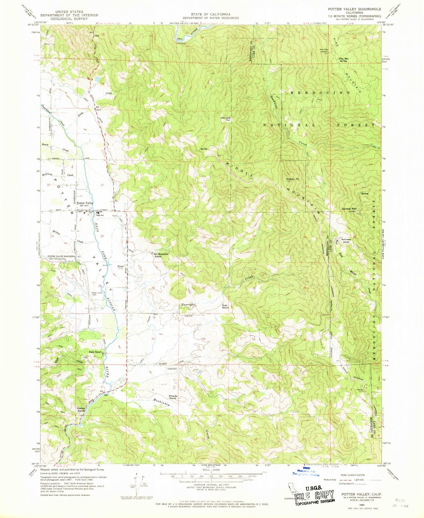 Classic USGS Potter Valley California 7.5'x7.5' Topo Map Image