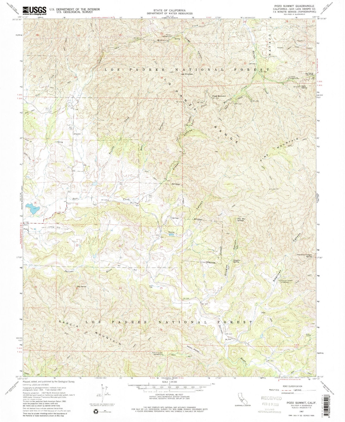 Classic USGS Pozo Summit California 7.5'x7.5' Topo Map Image