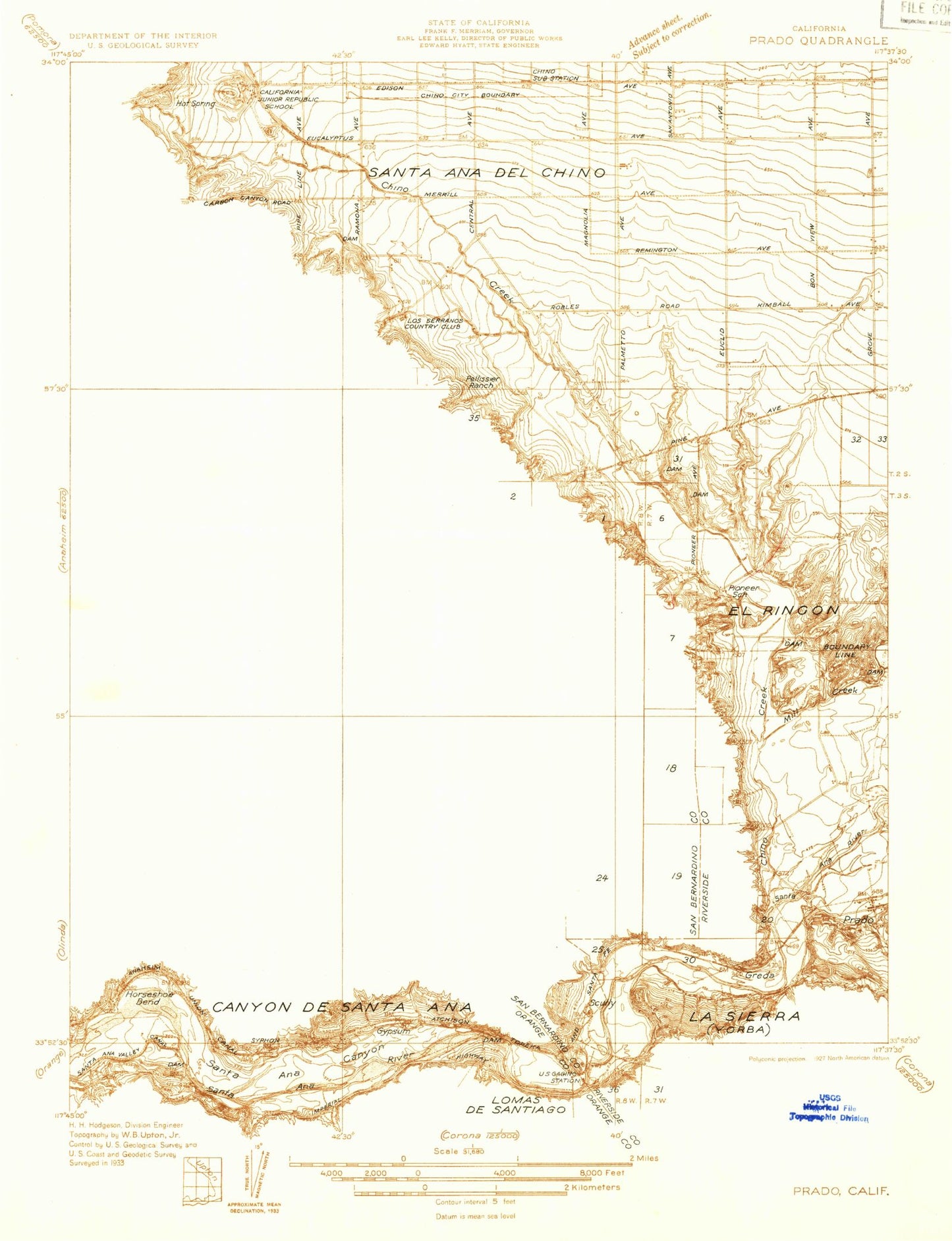 Classic USGS Prado Dam California 7.5'x7.5' Topo Map Image