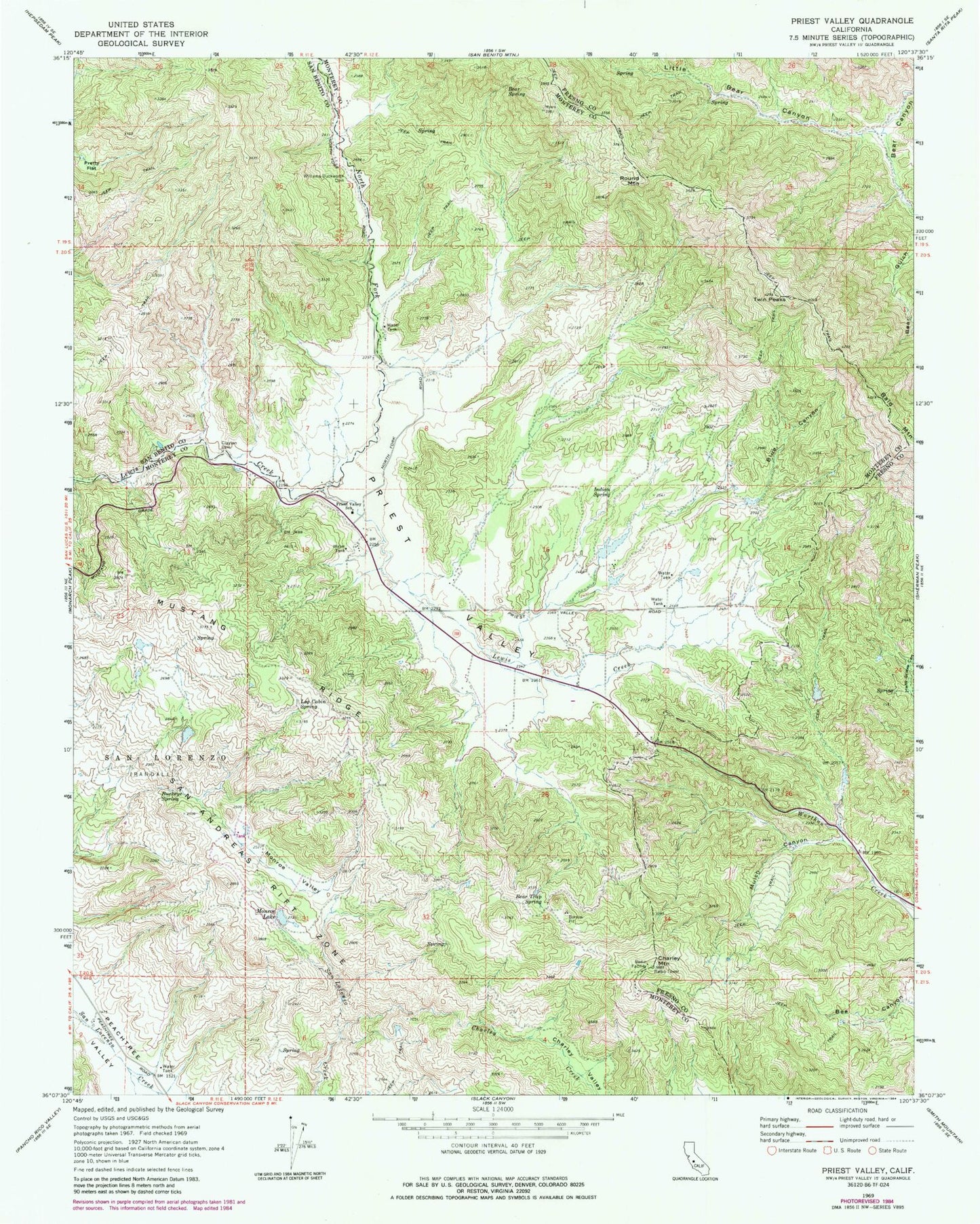 Classic USGS Priest Valley California 7.5'x7.5' Topo Map Image