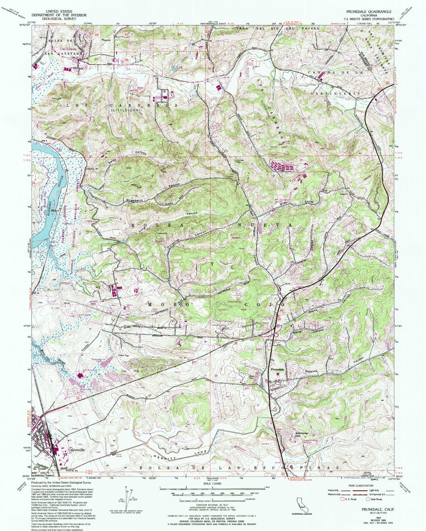 Classic USGS Prunedale California 7.5'x7.5' Topo Map Image