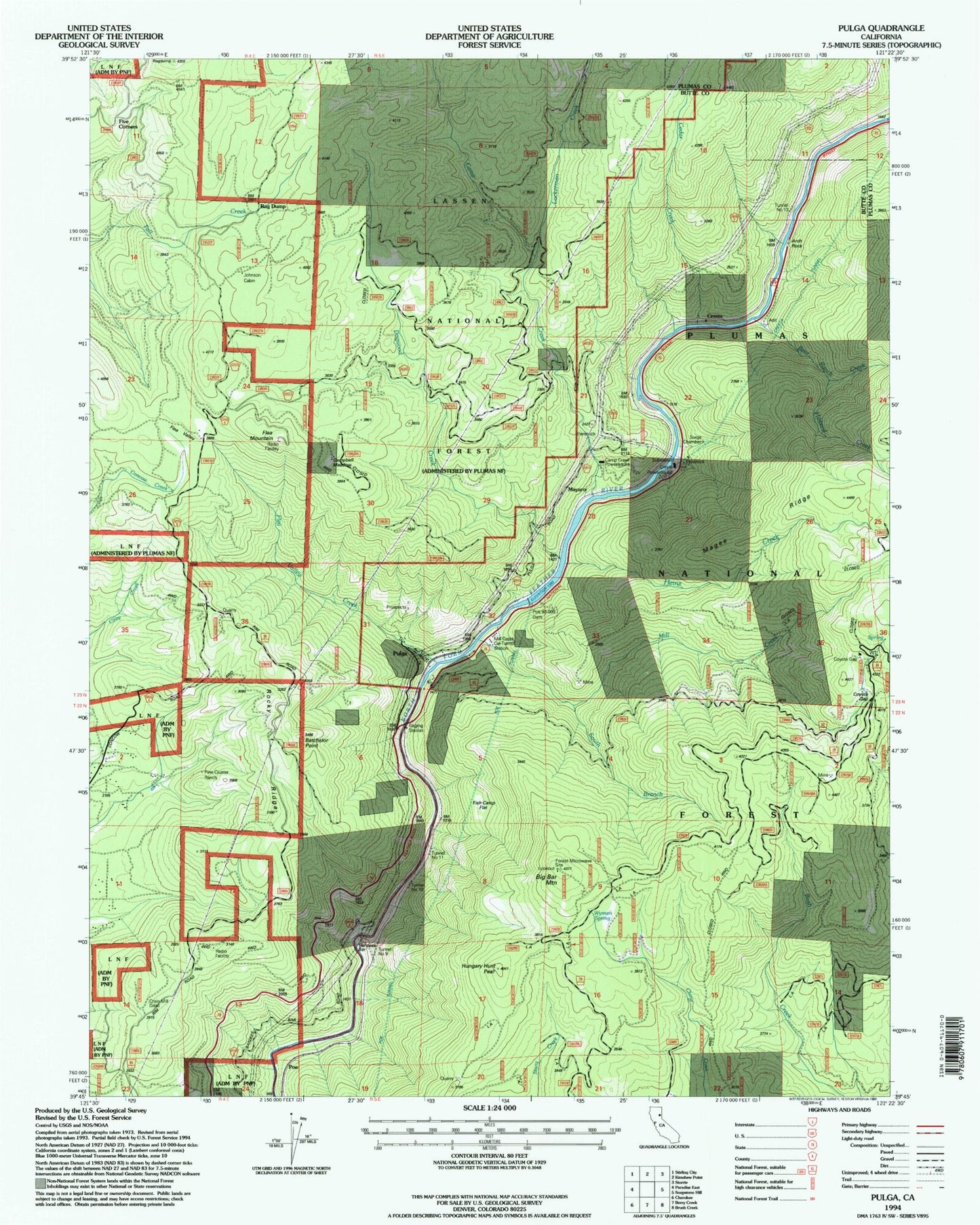 Classic USGS Pulga California 7.5'x7.5' Topo Map Image