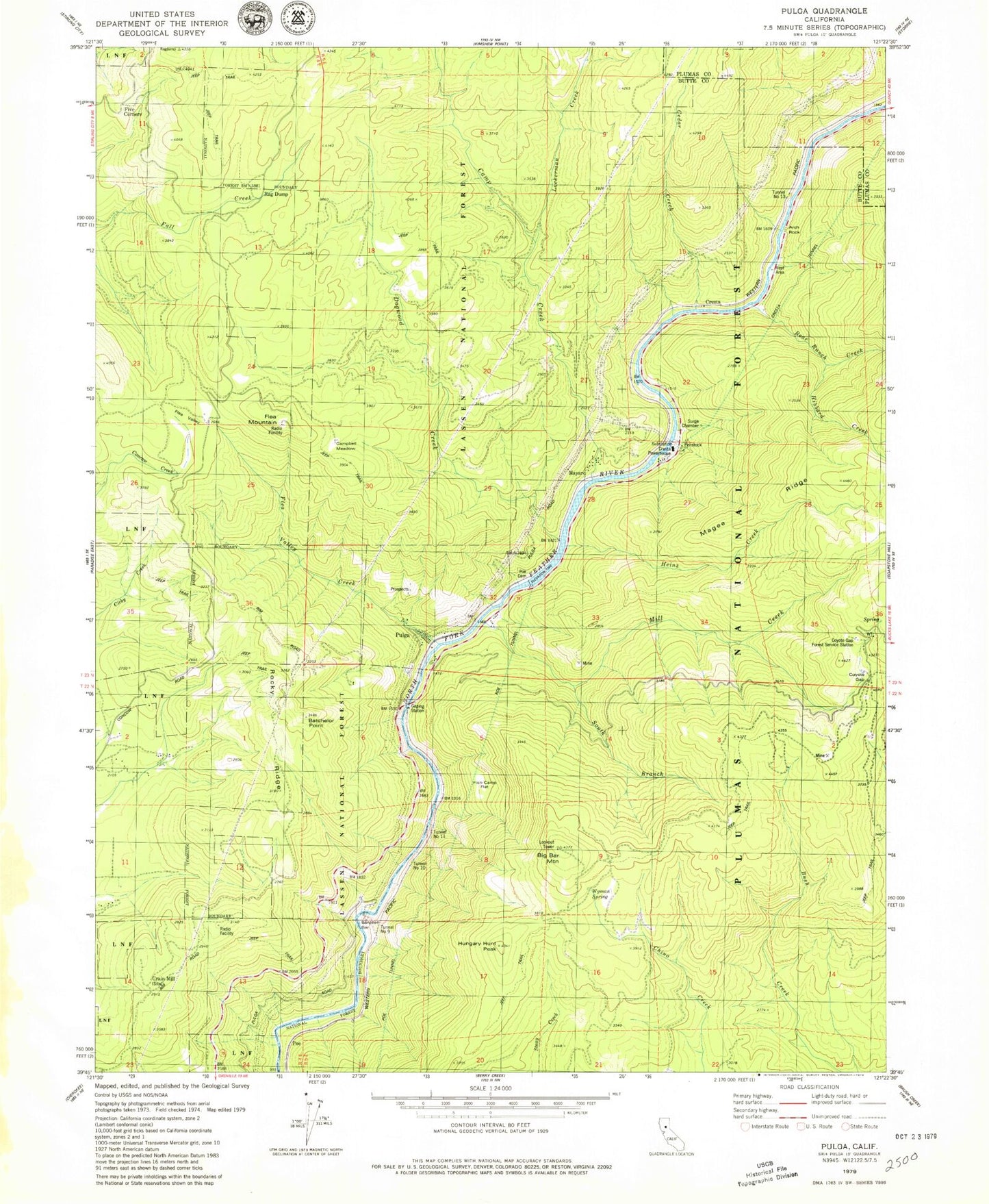 Classic USGS Pulga California 7.5'x7.5' Topo Map Image
