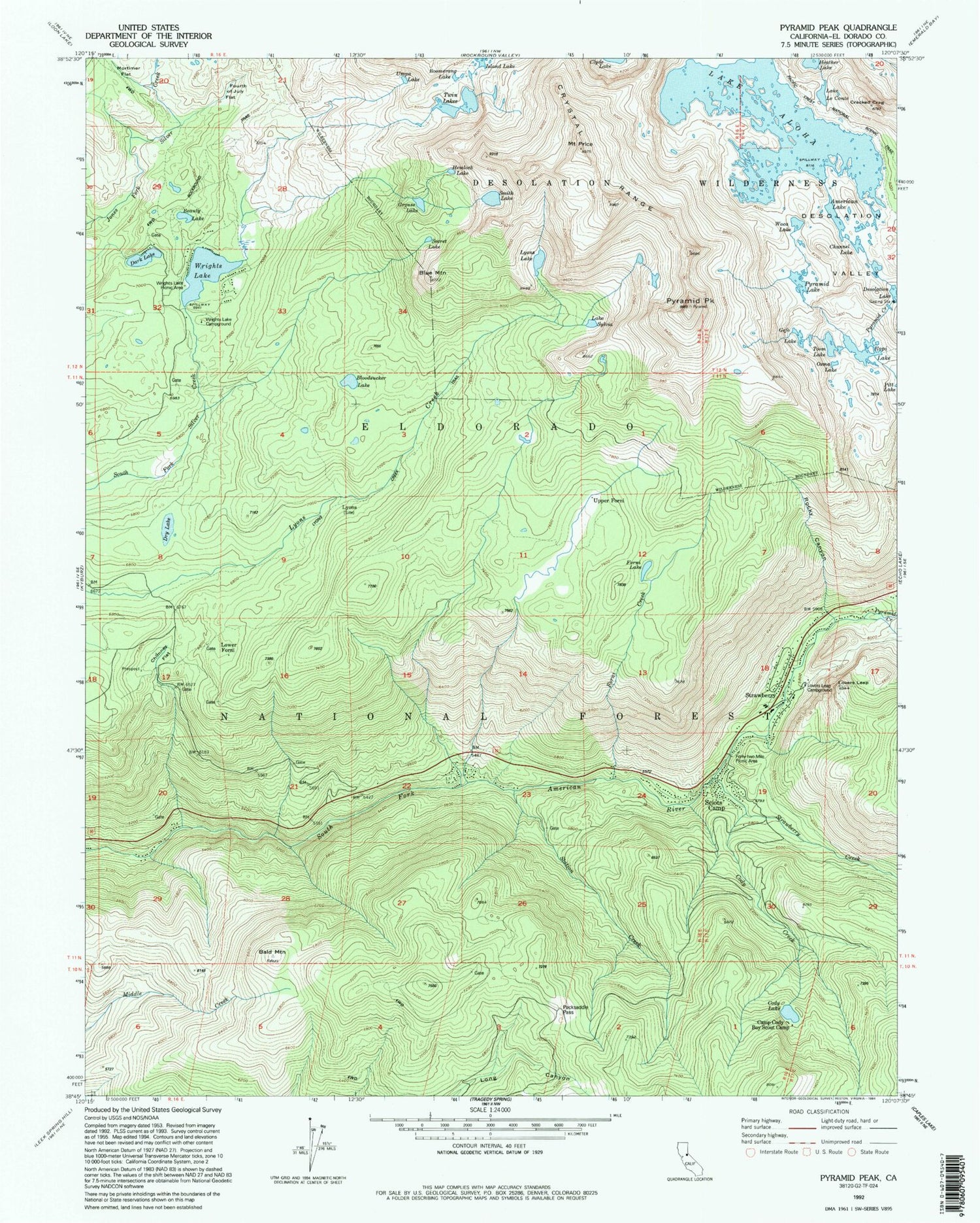 USGS Classic Pyramid Peak California 7.5'x7.5' Topo Map Image