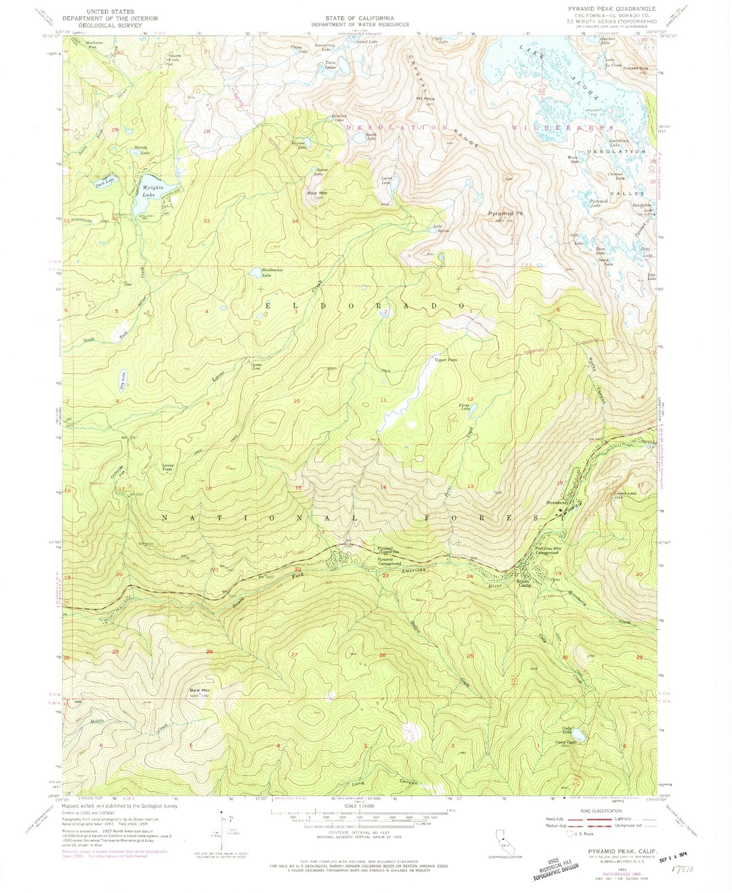 USGS Classic Pyramid Peak California 7.5'x7.5' Topo Map Image