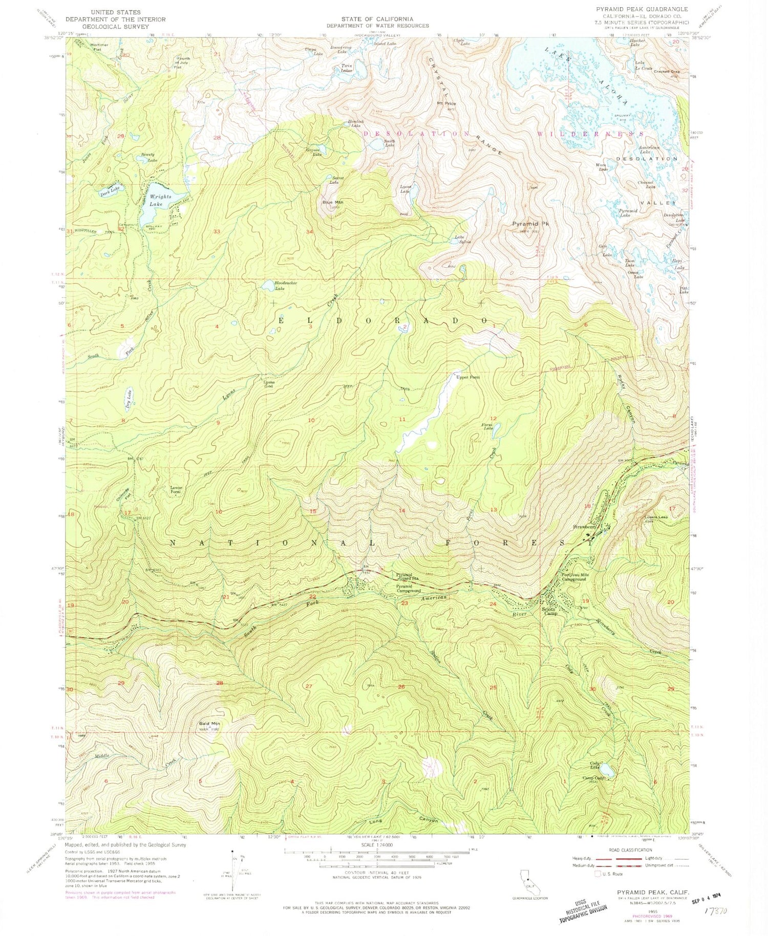 USGS Classic Pyramid Peak California 7.5'x7.5' Topo Map Image