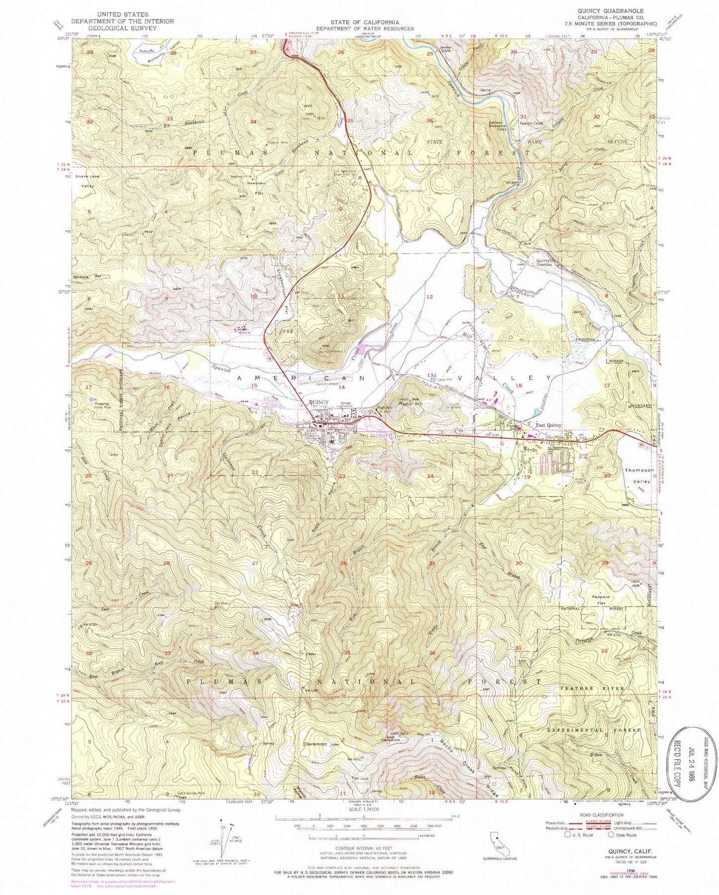 Classic USGS Quincy California 7.5'x7.5' Topo Map Image