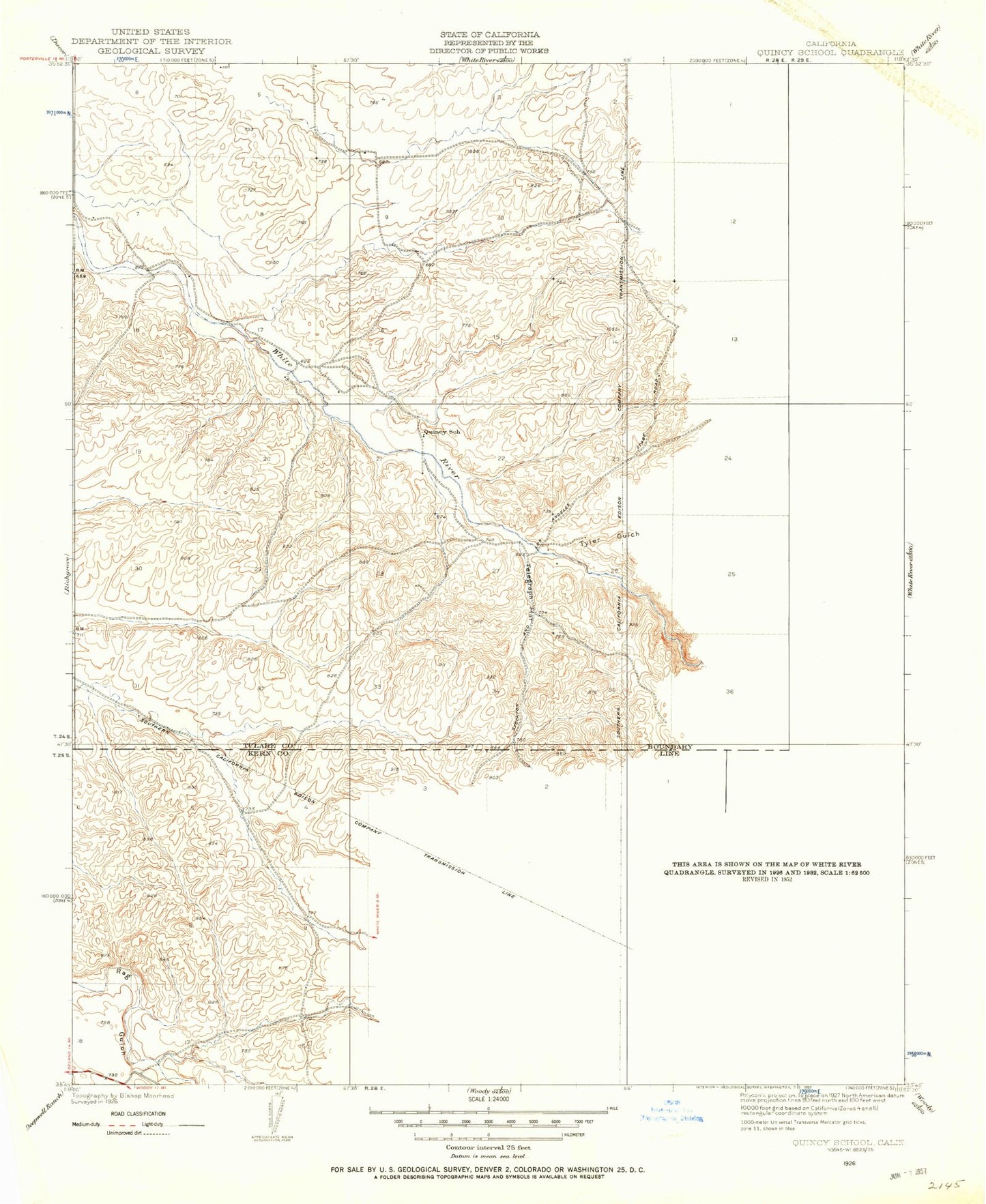 Classic USGS Quincy School California 7.5'x7.5' Topo Map Image