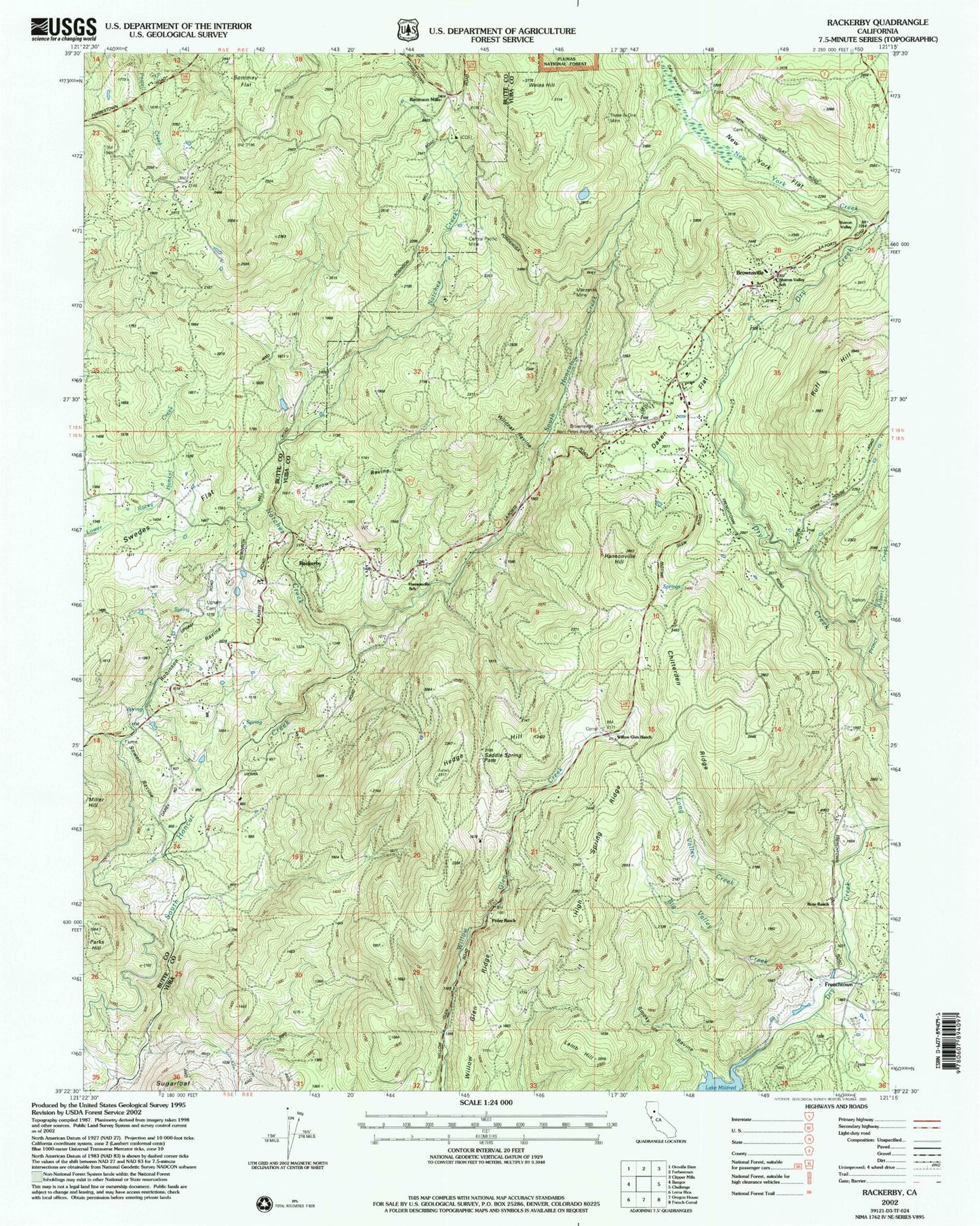 Classic USGS Rackerby California 7.5'x7.5' Topo Map Image
