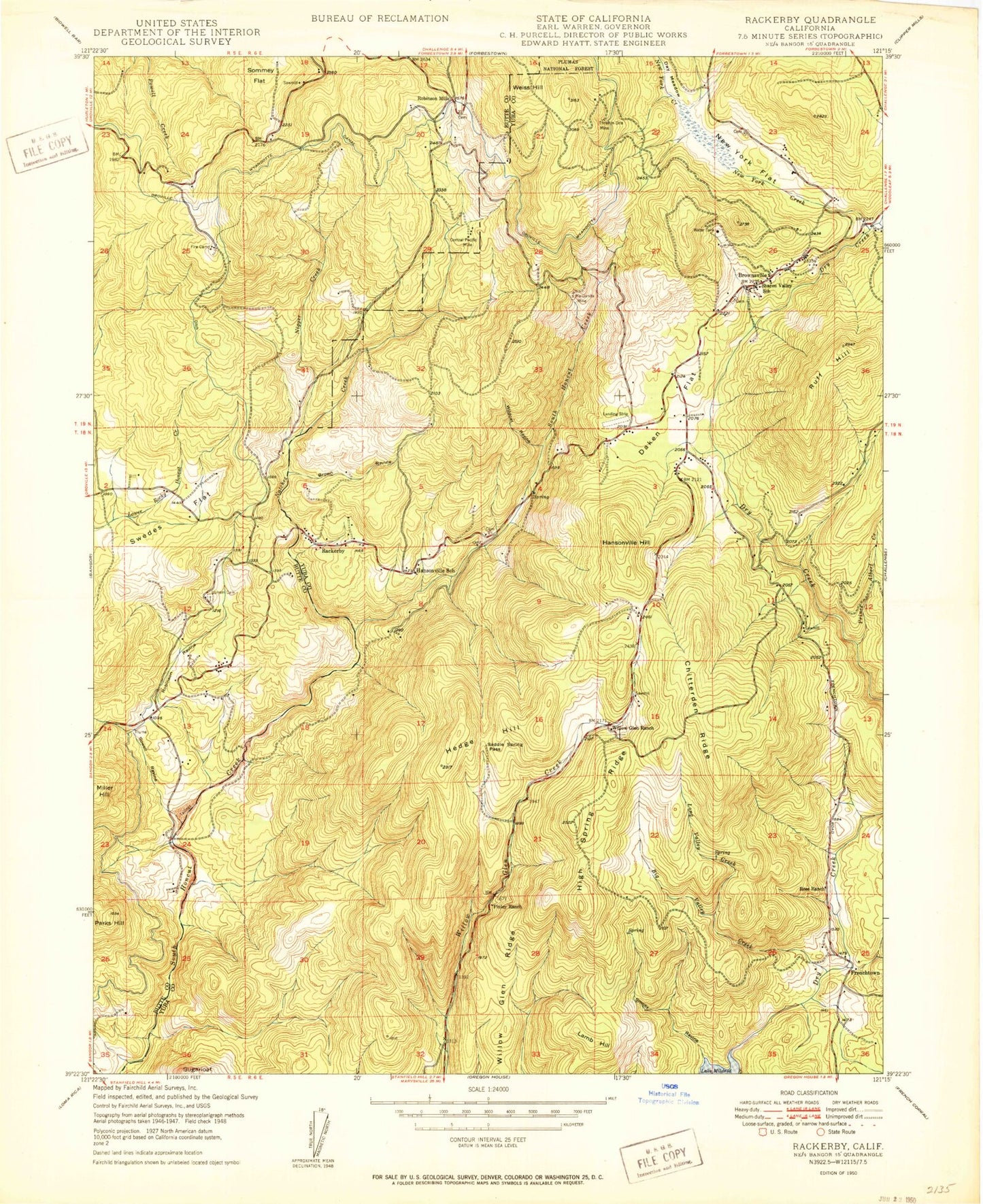 Classic USGS Rackerby California 7.5'x7.5' Topo Map Image