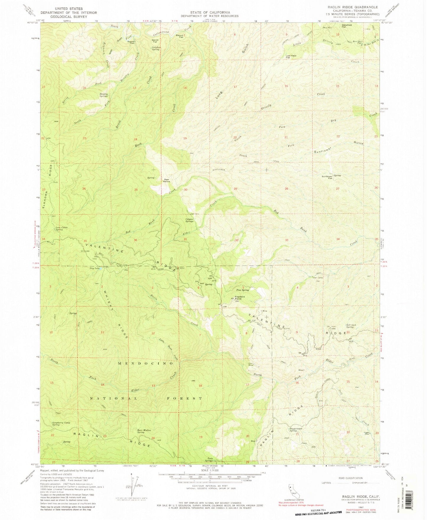 Classic USGS Raglin Ridge California 7.5'x7.5' Topo Map Image