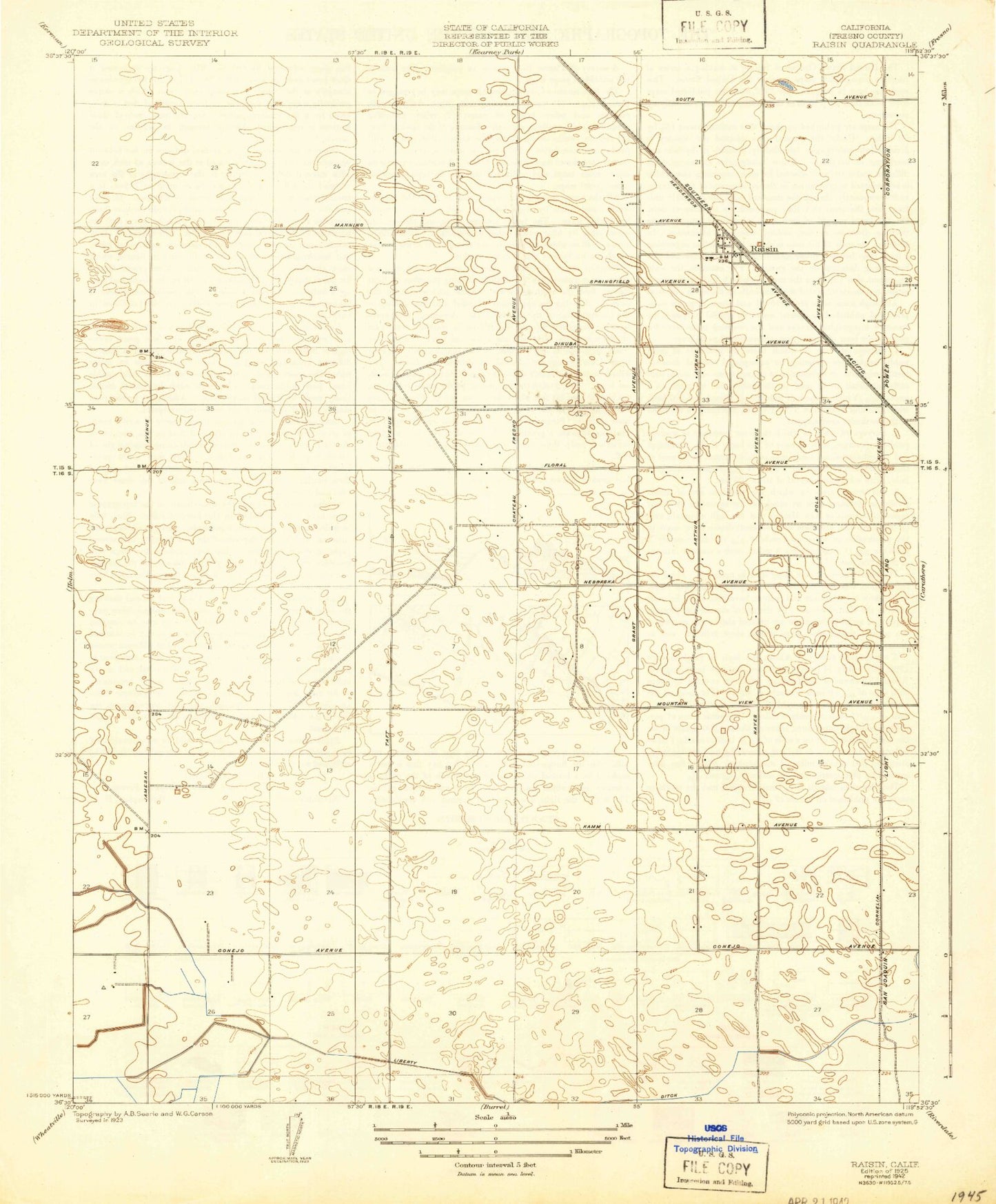 Classic USGS Raisin California 7.5'x7.5' Topo Map Image
