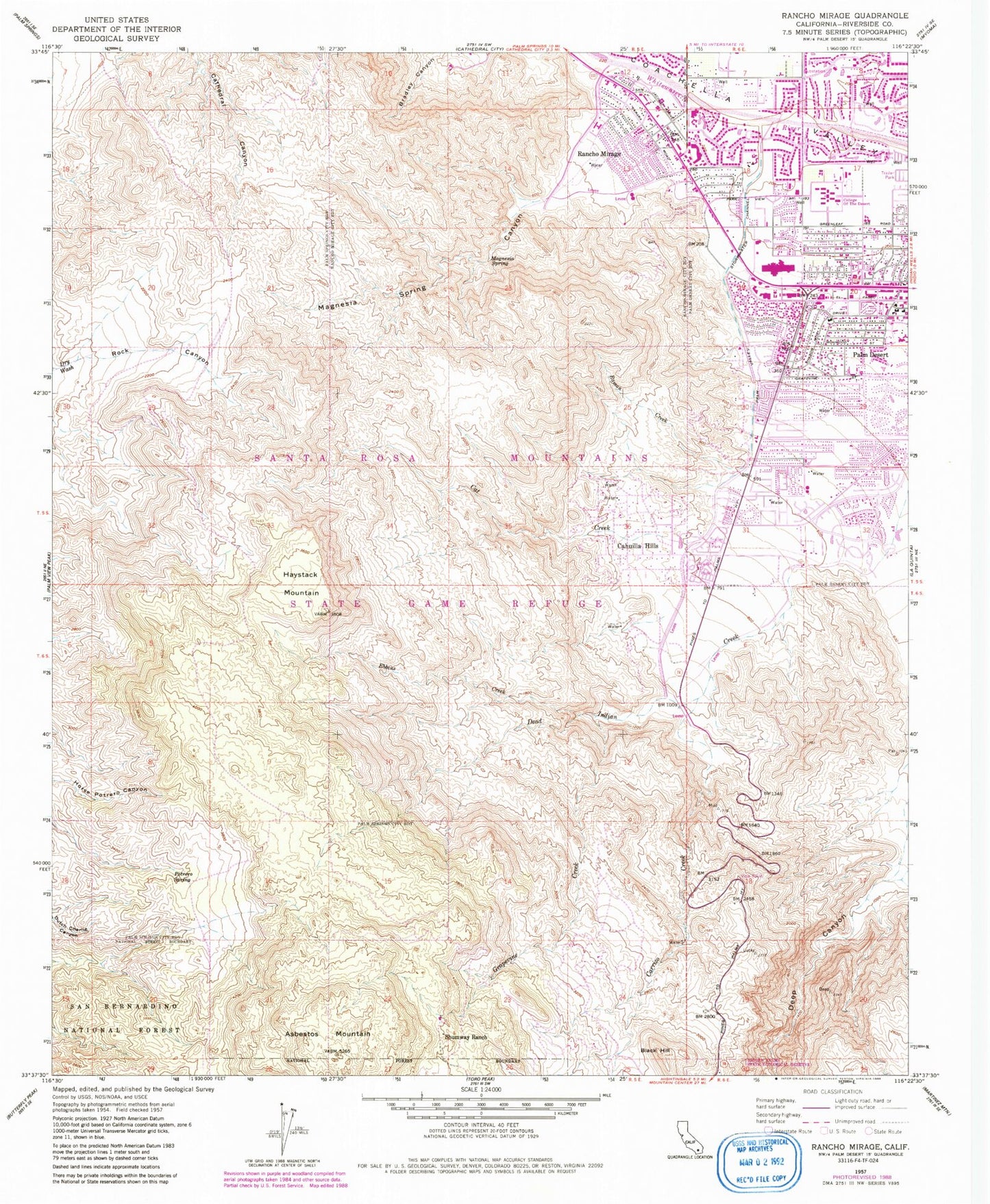 Classic USGS Rancho Mirage California 7.5'x7.5' Topo Map Image