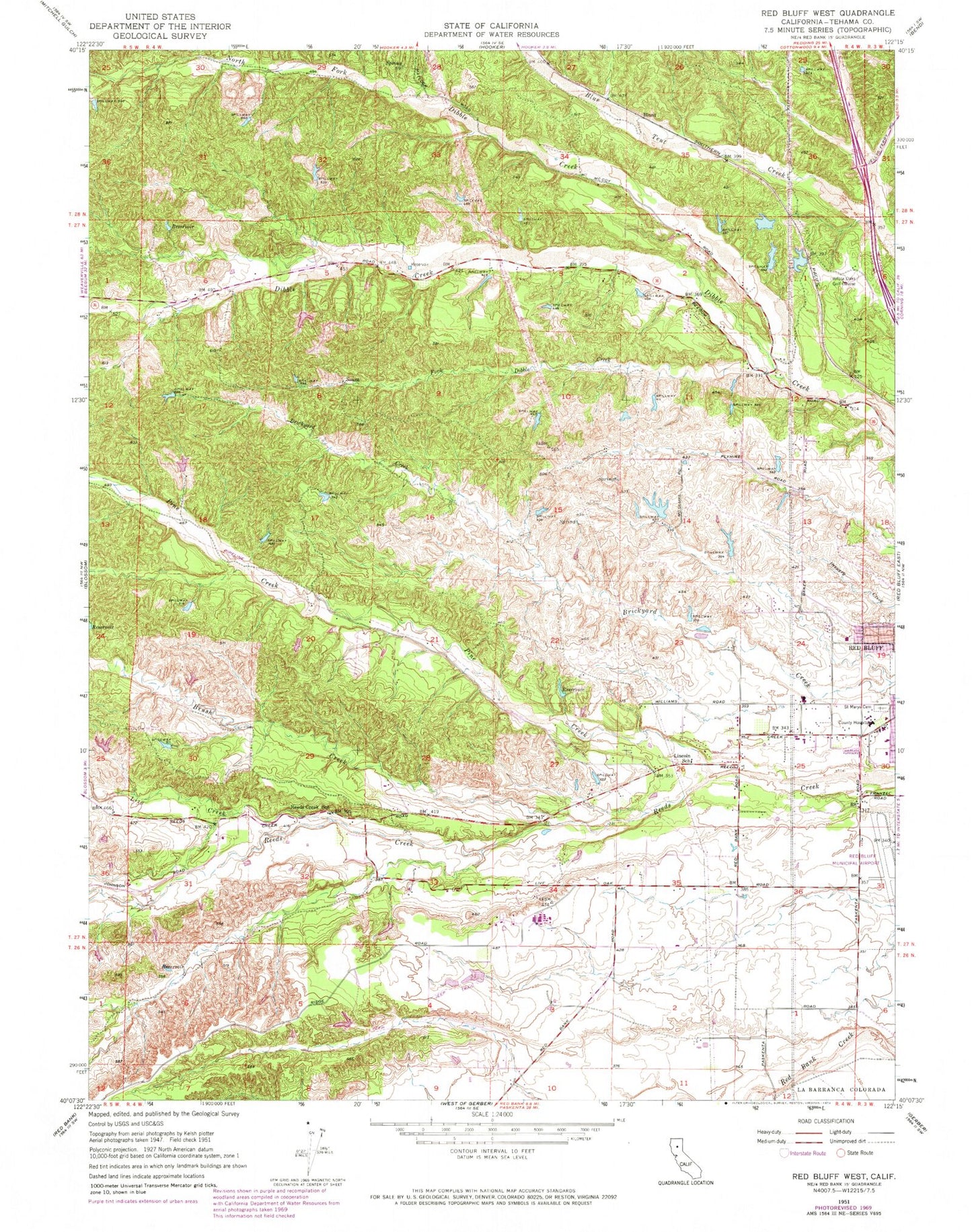 Classic USGS Red Bluff West California 7.5'x7.5' Topo Map Image