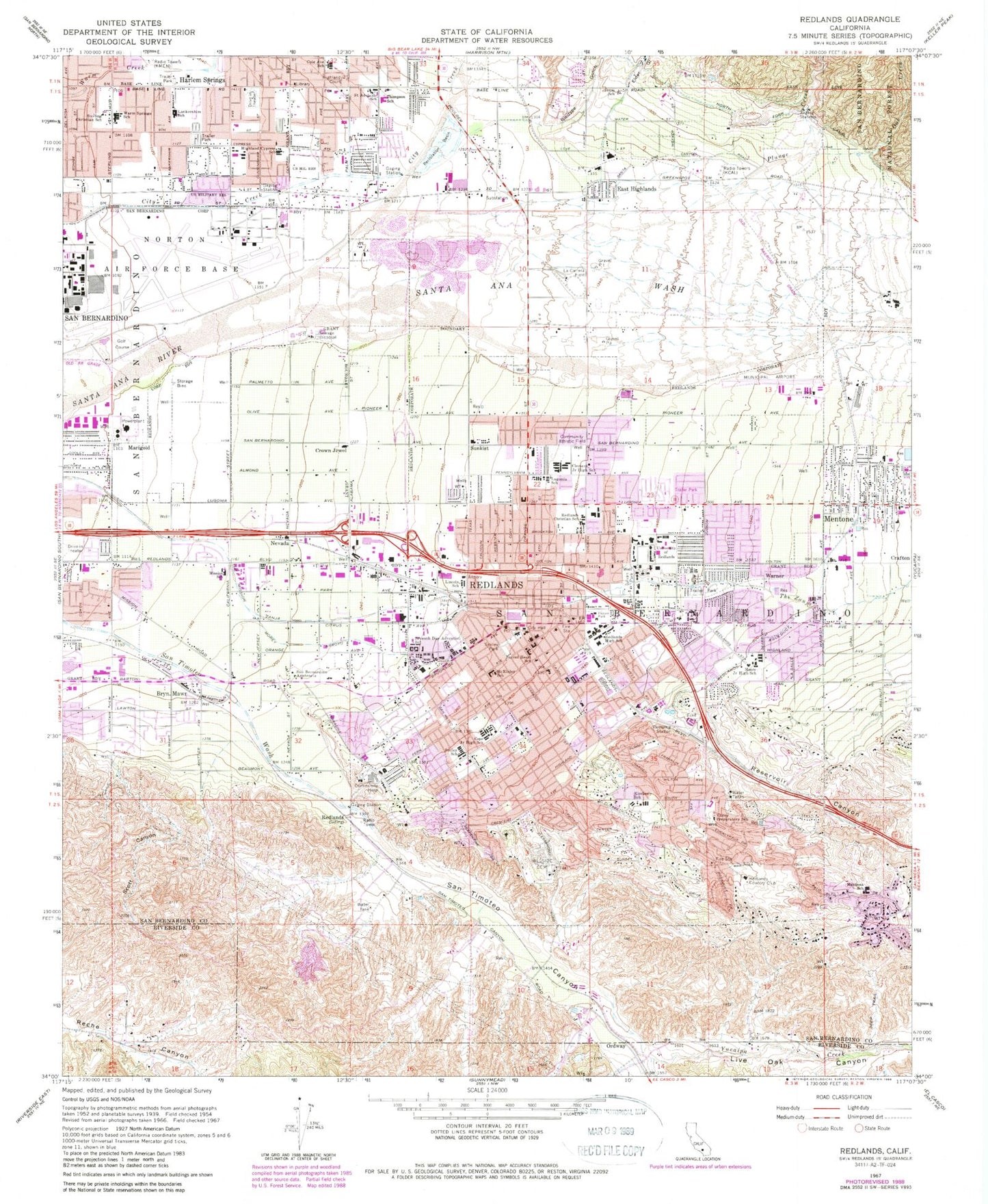 Classic USGS Redlands California 7.5'x7.5' Topo Map Image