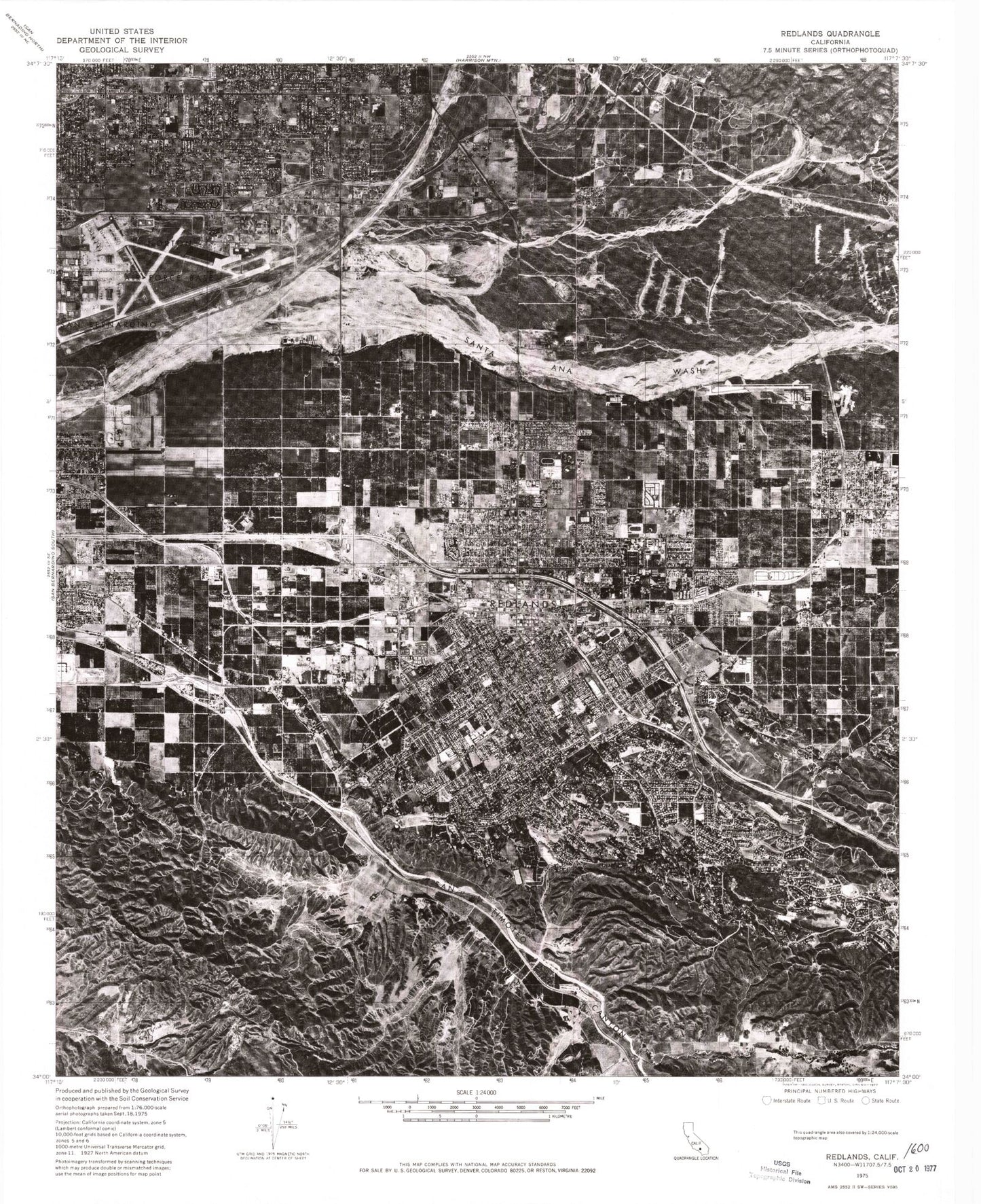 Classic USGS Redlands California 7.5'x7.5' Topo Map Image
