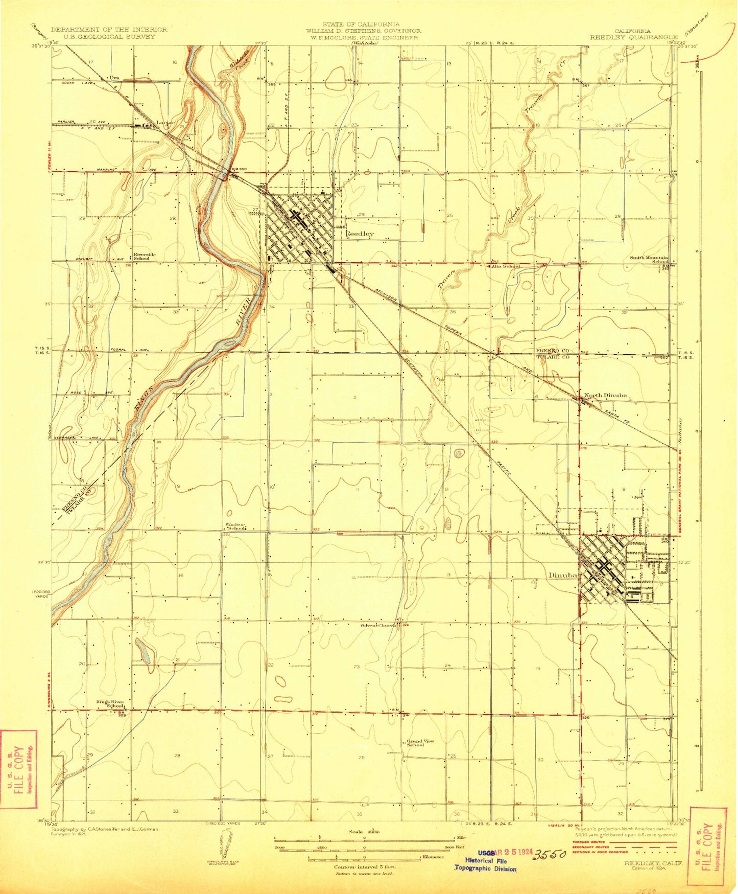Classic USGS Reedley California 7.5'x7.5' Topo Map Image