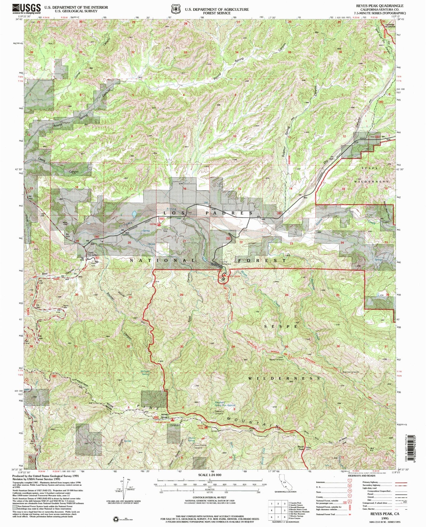 Classic USGS Reyes Peak California 7.5'x7.5' Topo Map Image