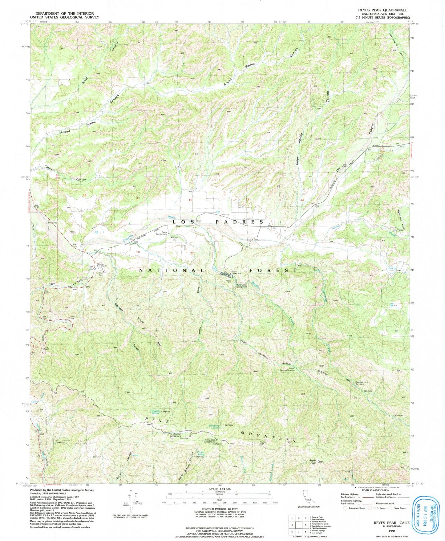 Classic USGS Reyes Peak California 7.5'x7.5' Topo Map Image