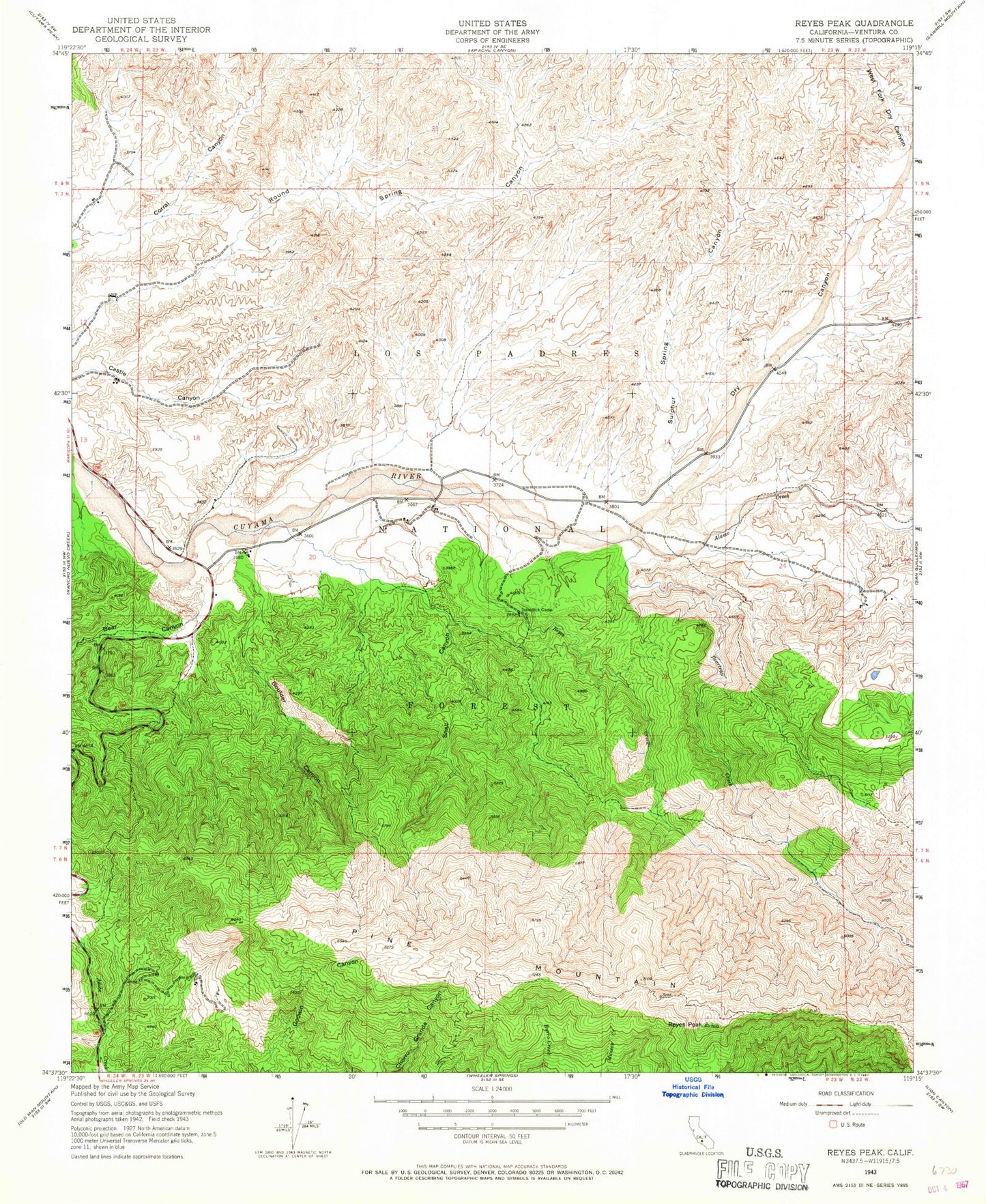 Classic USGS Reyes Peak California 7.5'x7.5' Topo Map Image