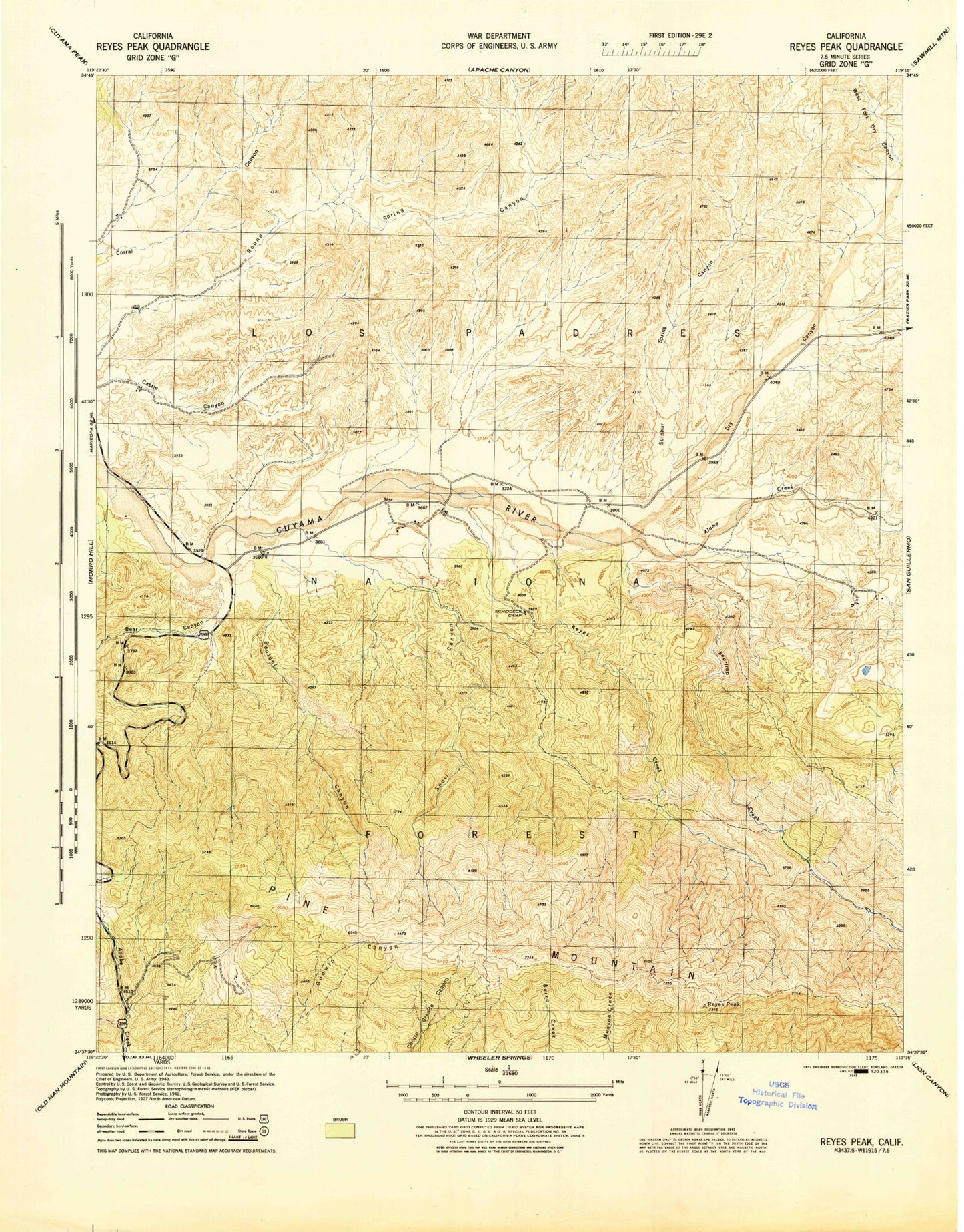 Classic USGS Reyes Peak California 7.5'x7.5' Topo Map Image