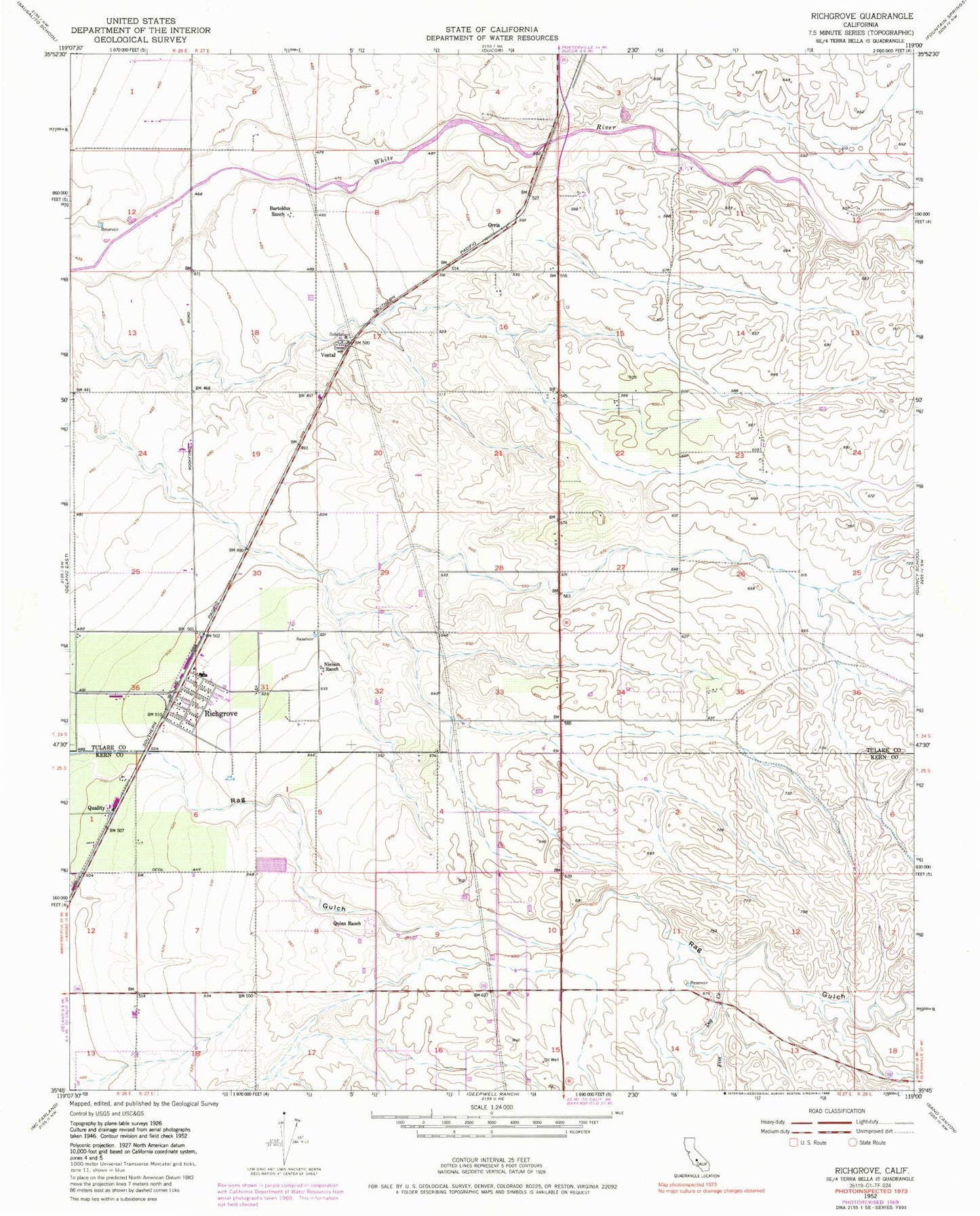 Classic USGS Richgrove California 7.5'x7.5' Topo Map Image
