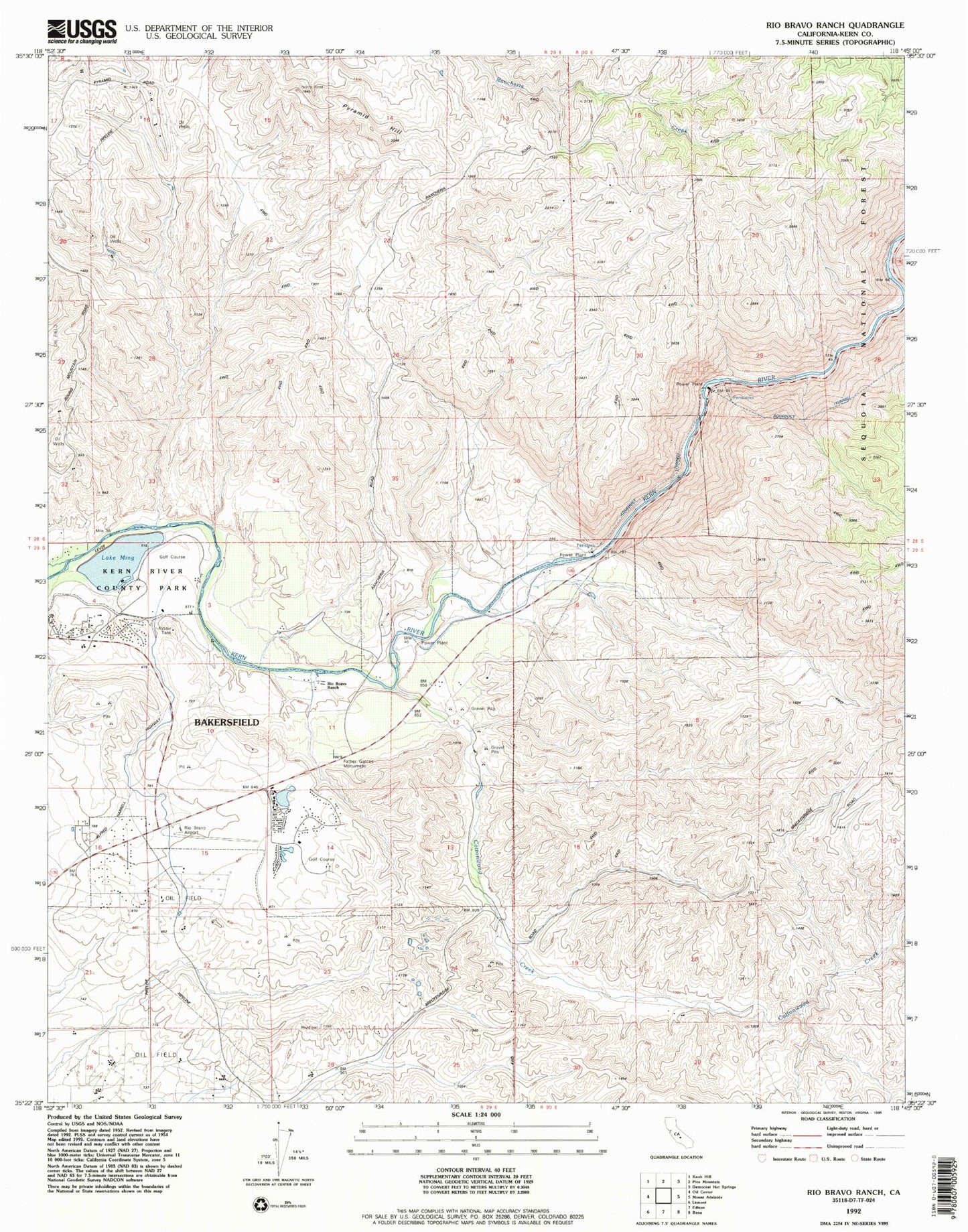 Classic USGS Rio Bravo Ranch California 7.5'x7.5' Topo Map Image