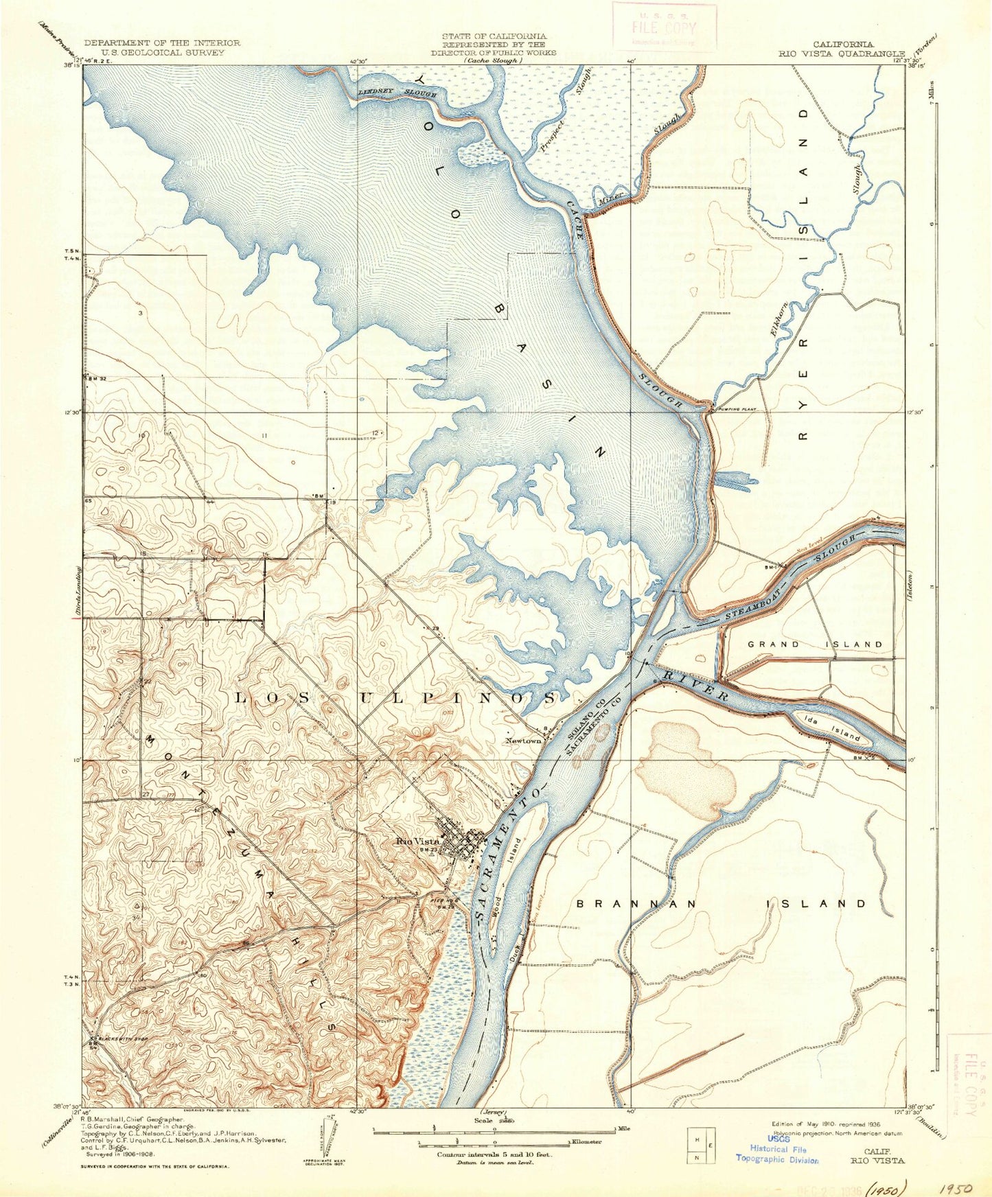 Classic USGS Rio Vista California 7.5'x7.5' Topo Map Image