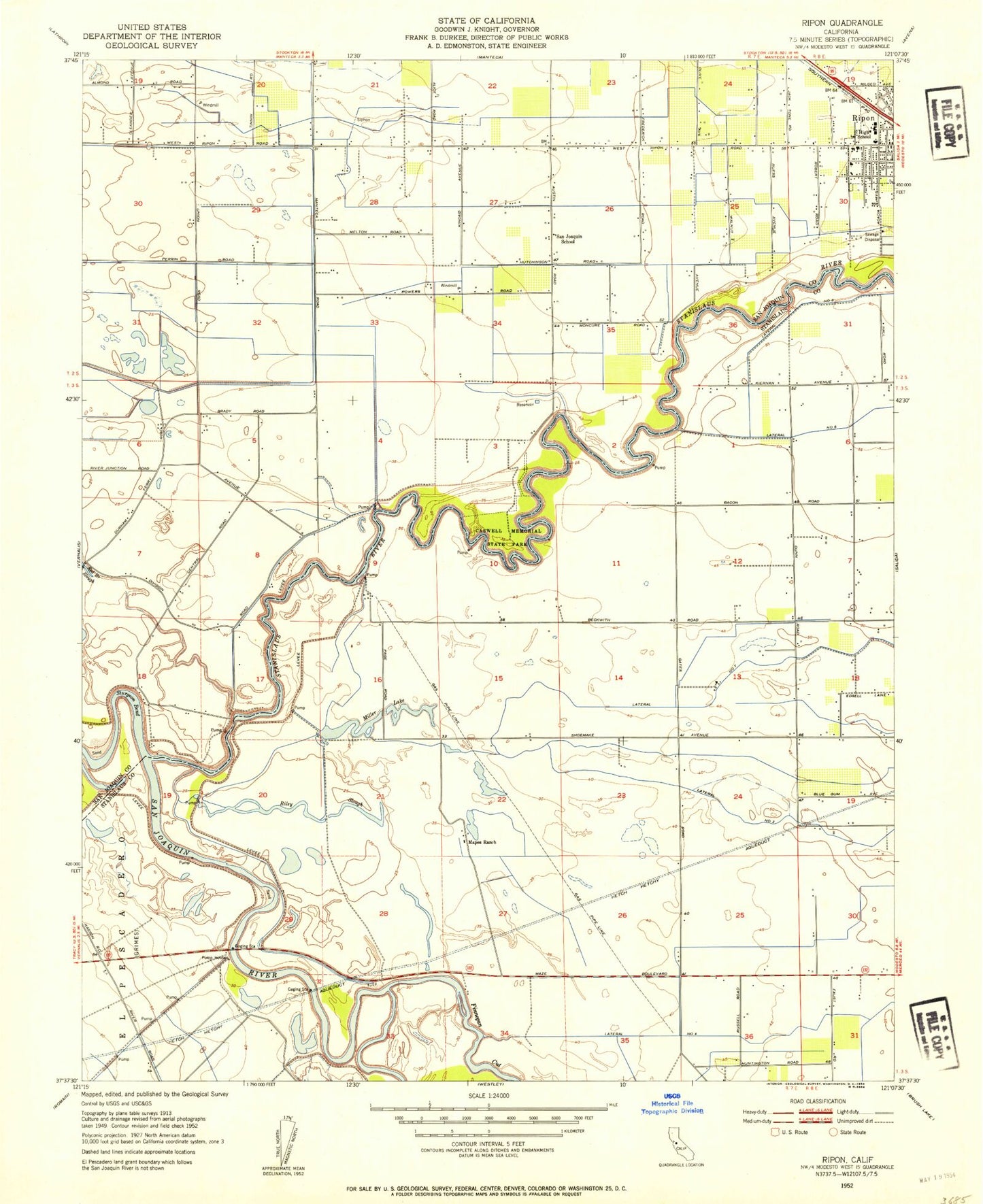Classic USGS Ripon California 7.5'x7.5' Topo Map Image