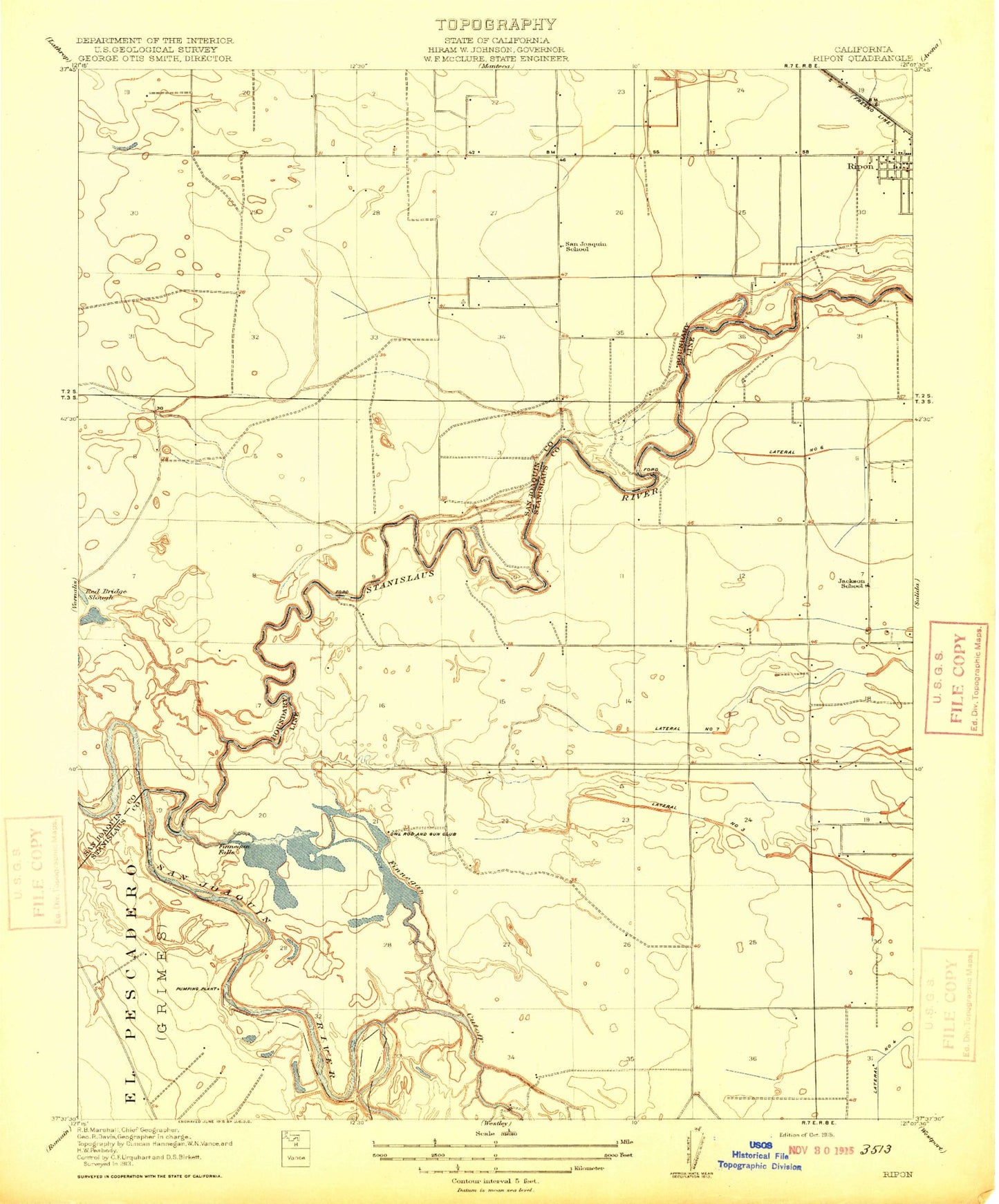 Classic USGS Ripon California 7.5'x7.5' Topo Map Image