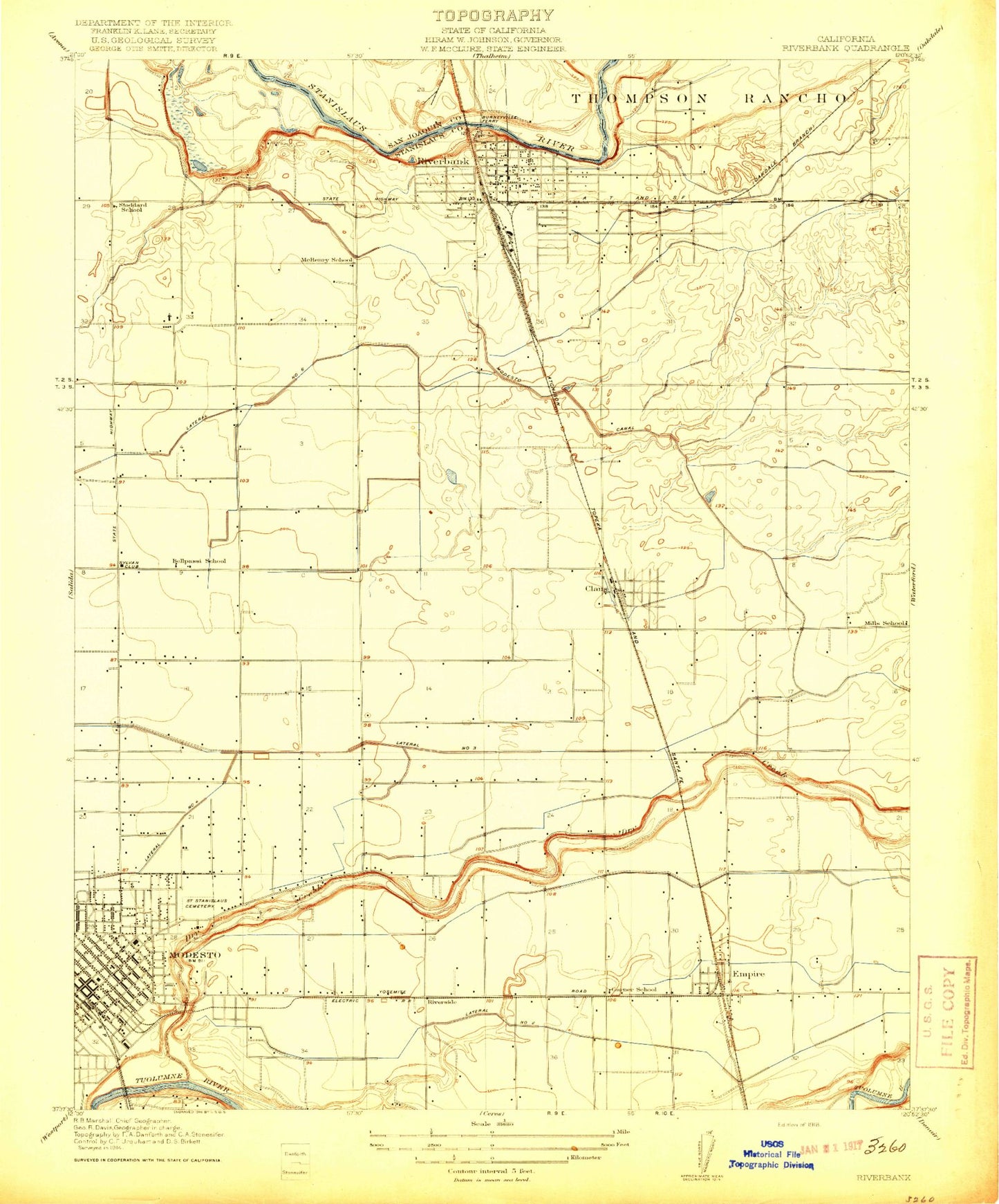 Classic USGS Riverbank California 7.5'x7.5' Topo Map Image