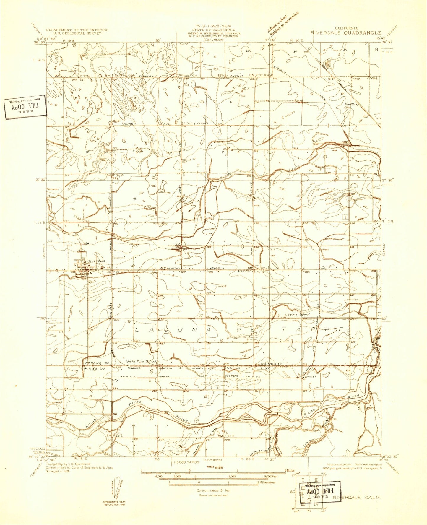 Classic USGS Riverdale California 7.5'x7.5' Topo Map Image