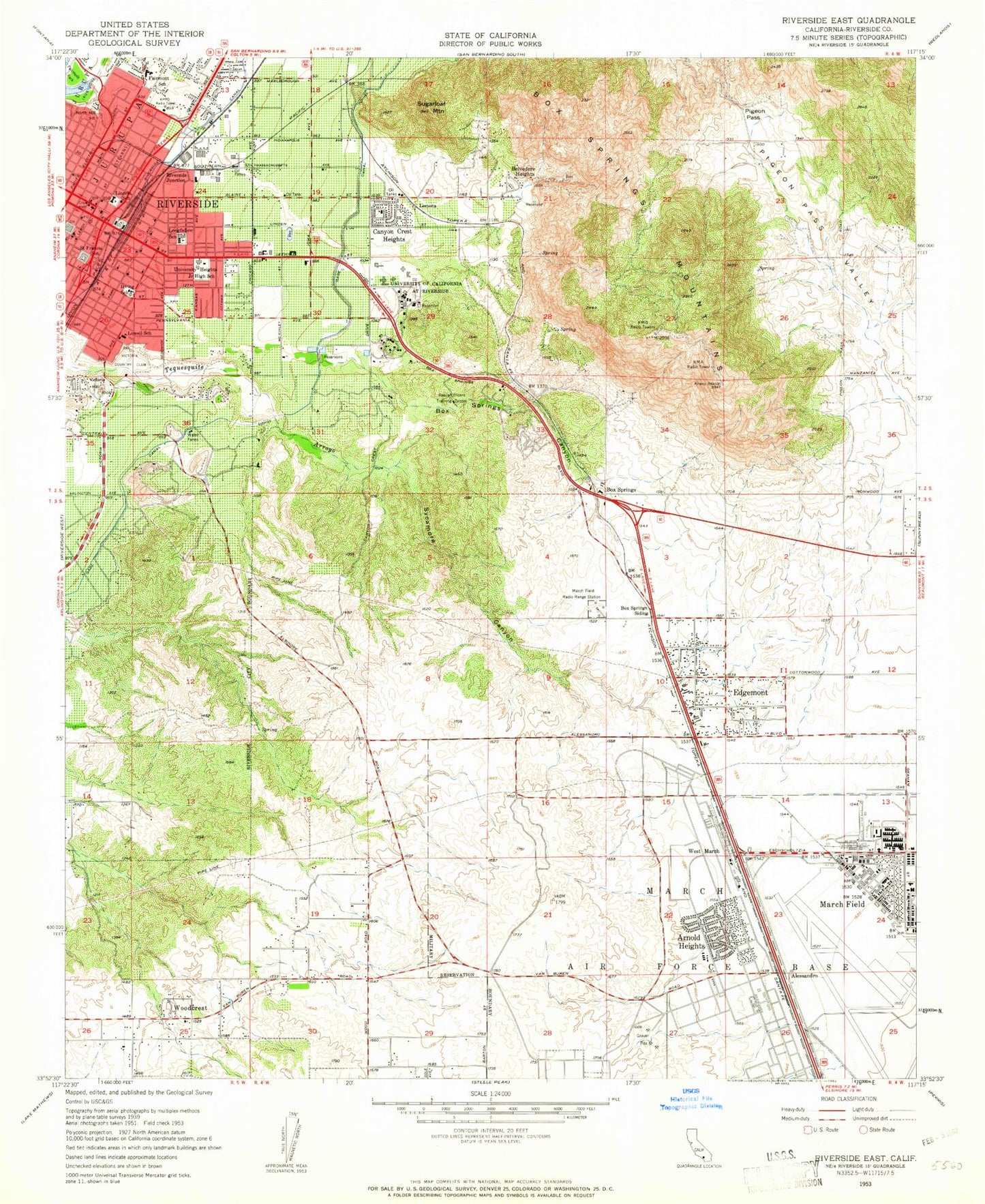 Classic USGS Riverside East California 7.5'x7.5' Topo Map Image