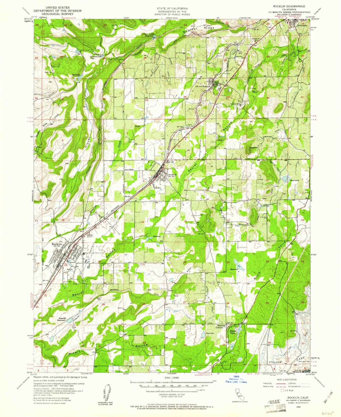 Classic USGS Rocklin California 7.5'x7.5' Topo Map Image