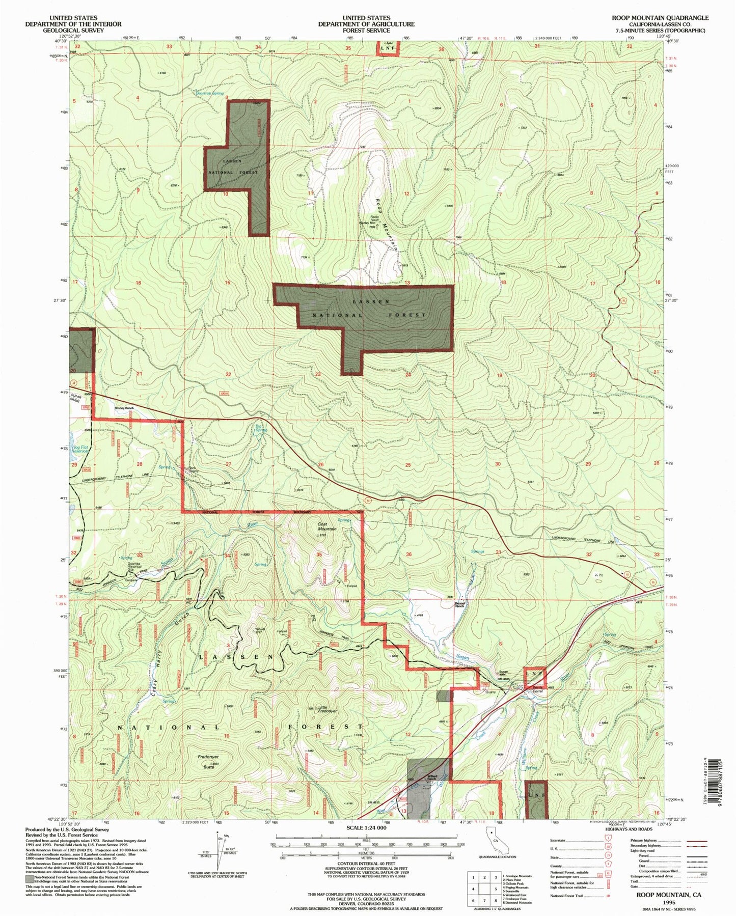 Classic USGS Roop Mountain California 7.5'x7.5' Topo Map Image