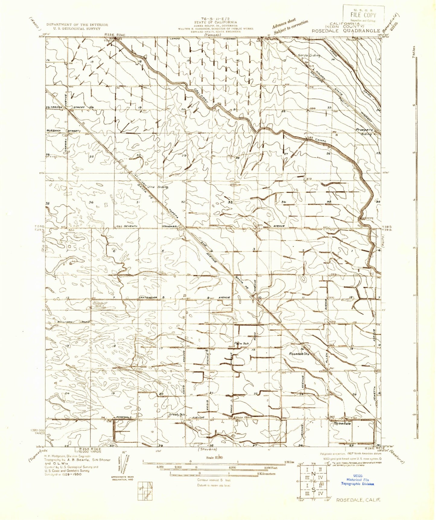 Classic USGS Rosedale California 7.5'x7.5' Topo Map Image
