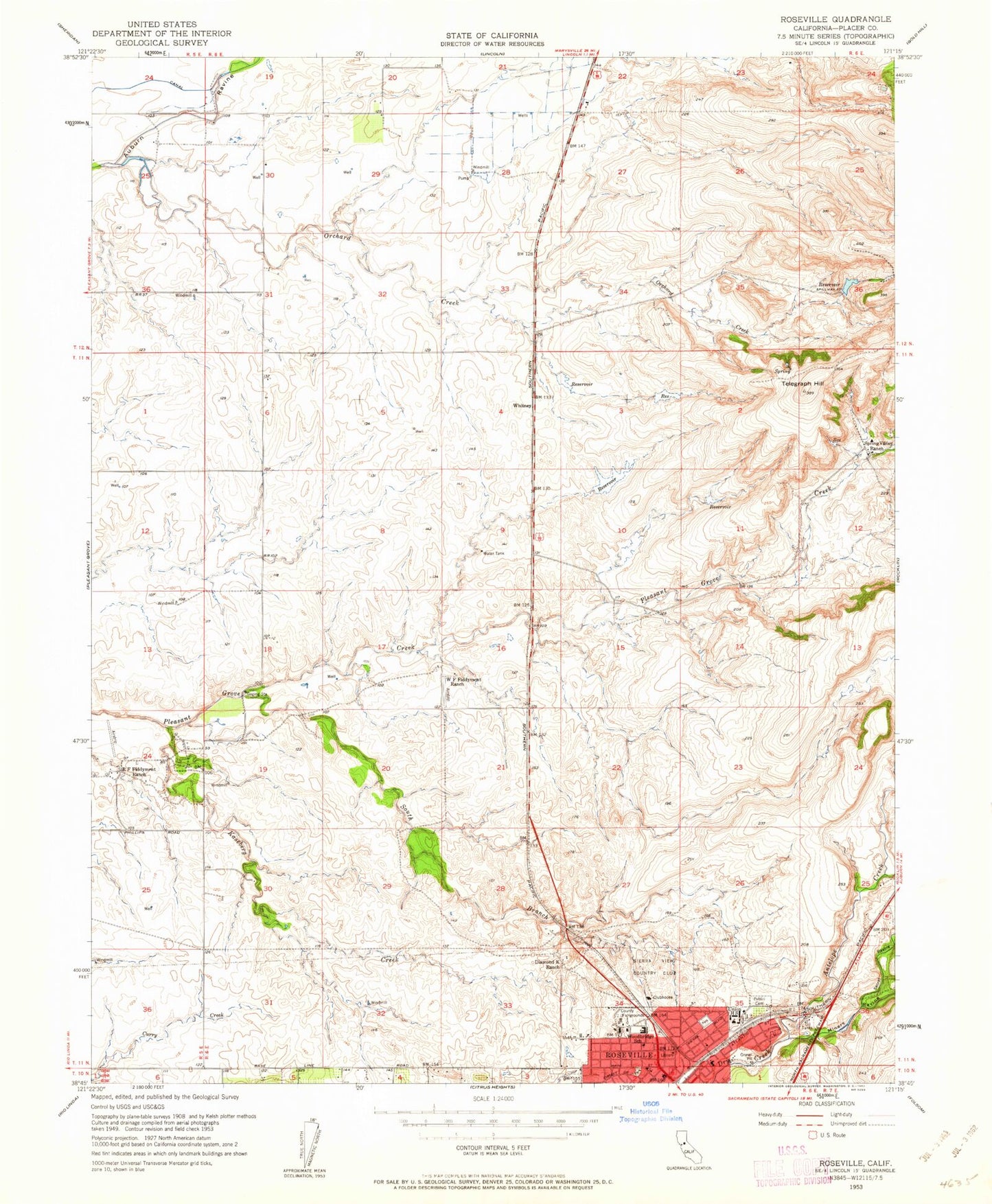 Classic USGS Roseville California 7.5'x7.5' Topo Map Image