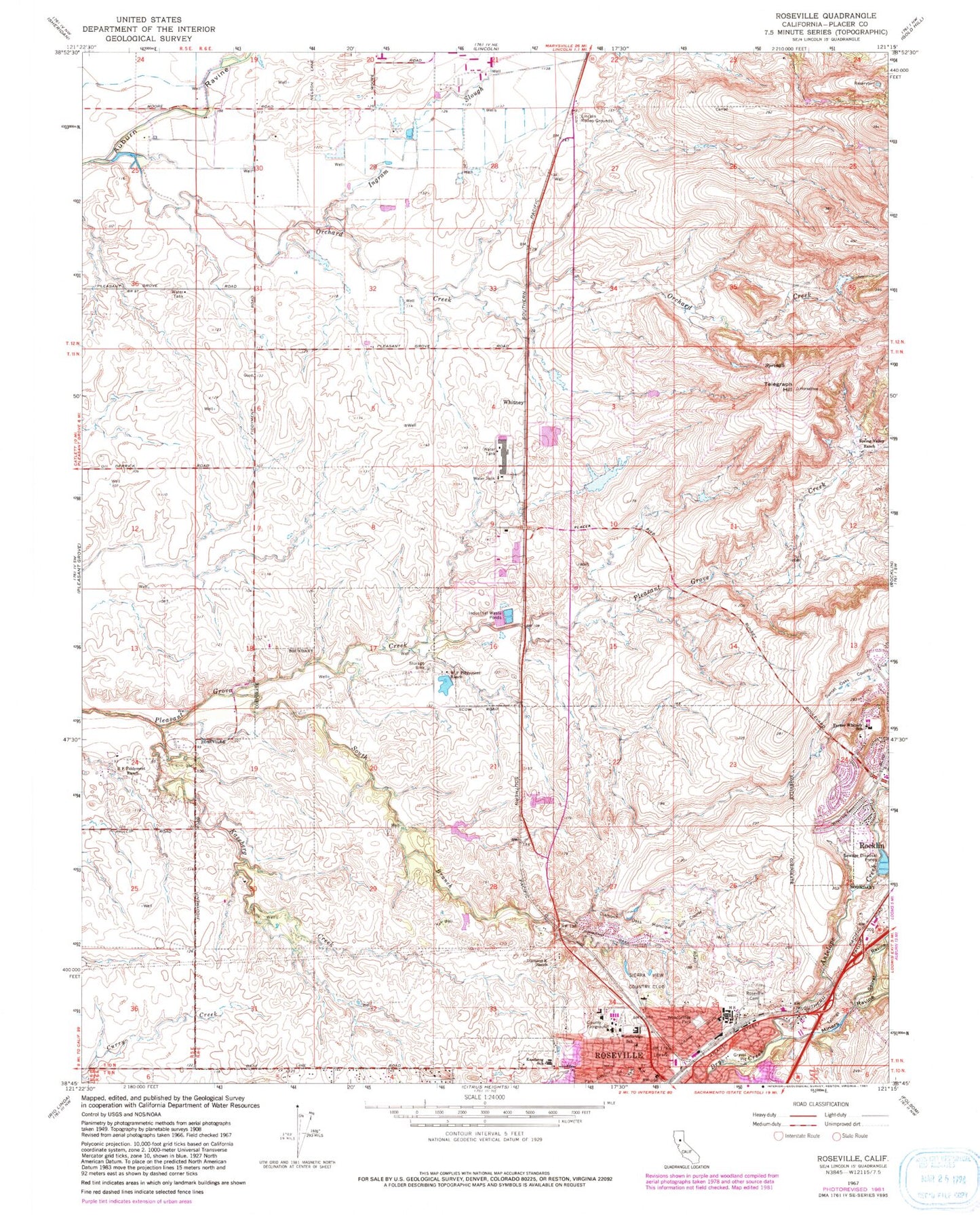 Classic USGS Roseville California 7.5'x7.5' Topo Map Image