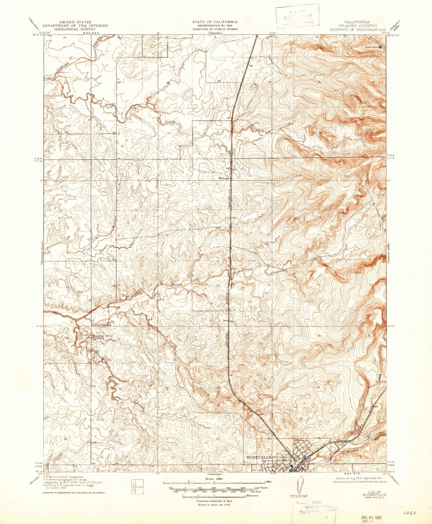 Classic USGS Roseville California 7.5'x7.5' Topo Map Image