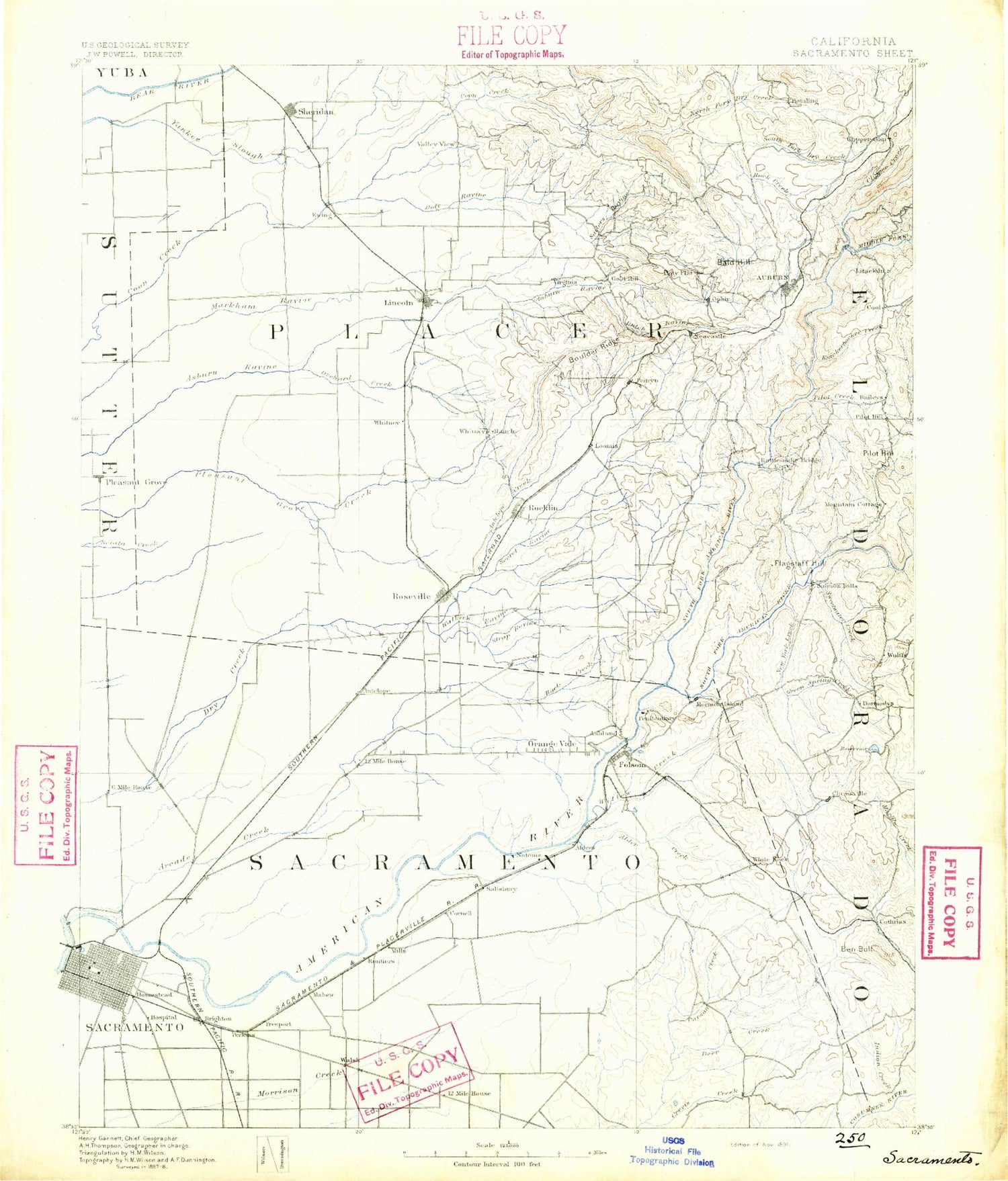 Historic 1891 Sacramento California 30'x30' Topo Map Image