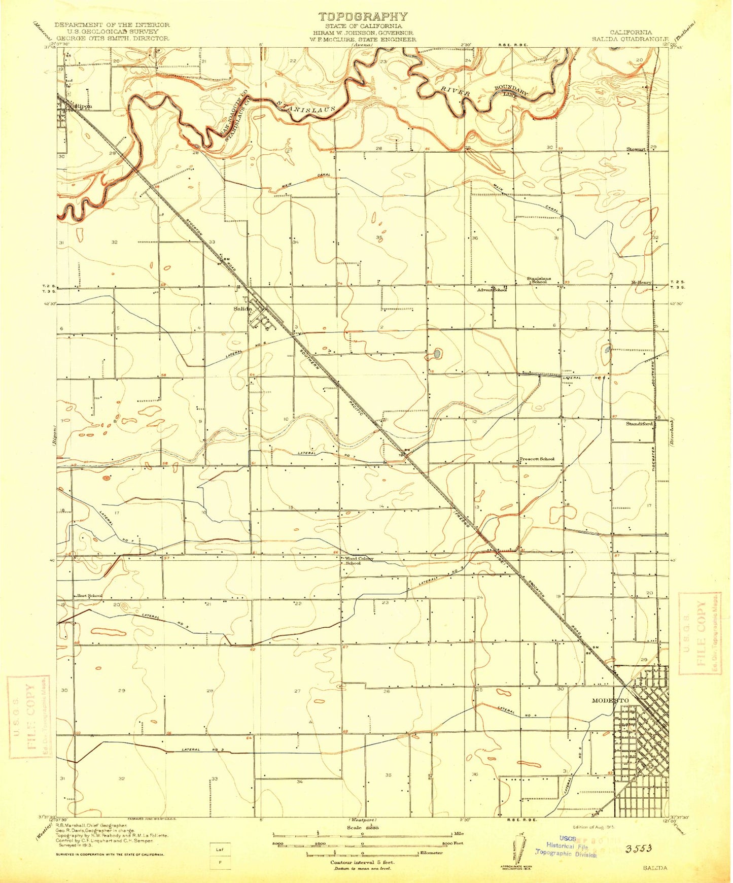 Classic USGS Salida California 7.5'x7.5' Topo Map Image