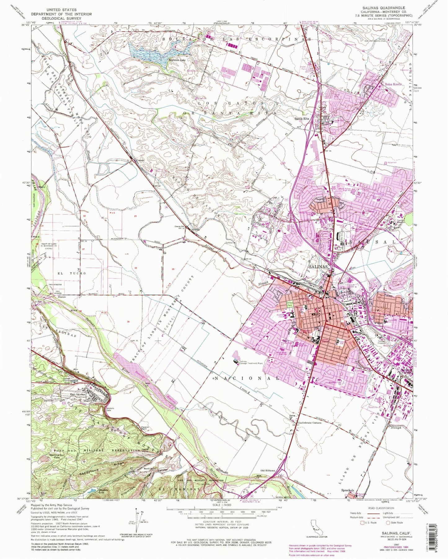 Classic USGS Salinas California 7.5'x7.5' Topo Map Image