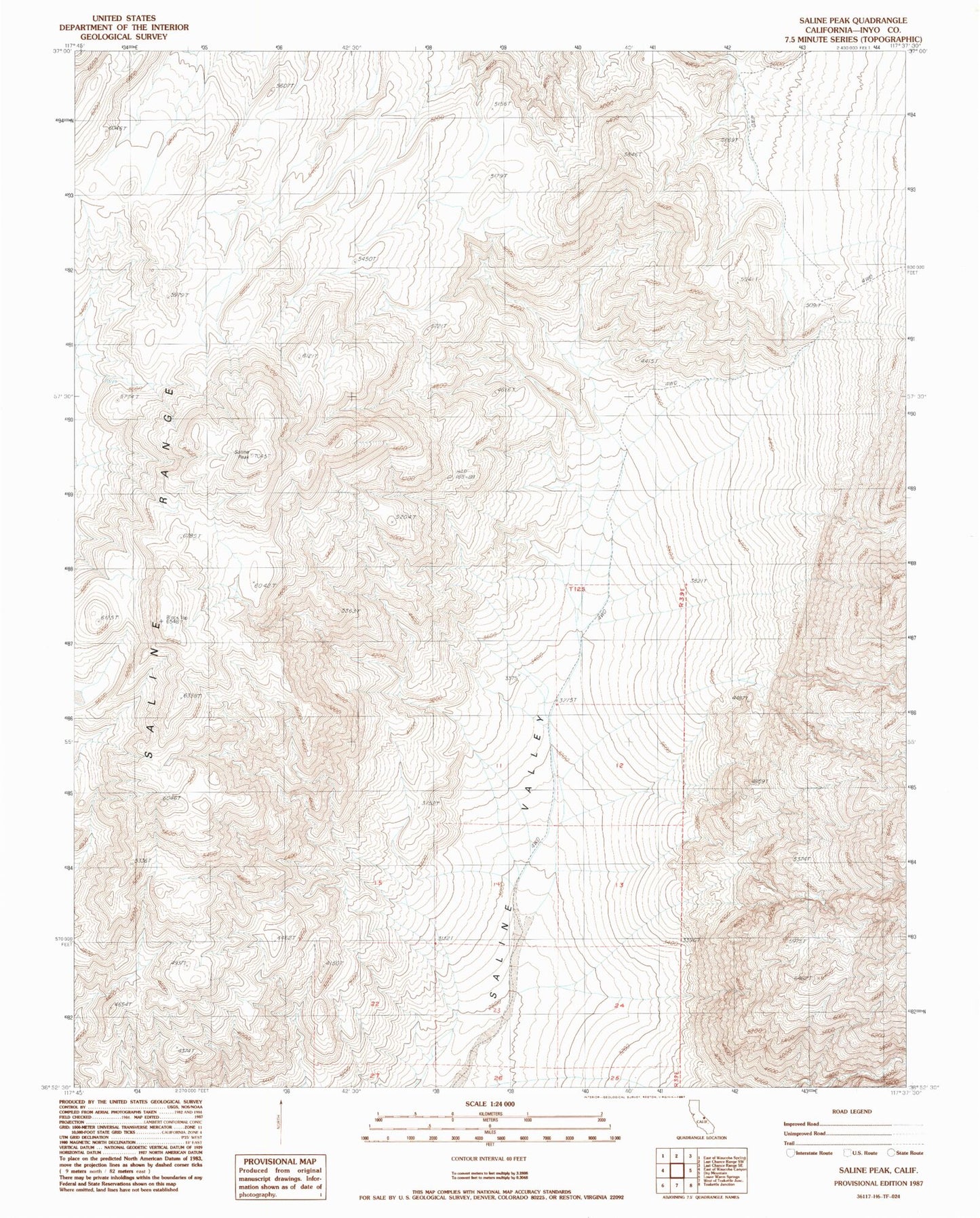 Classic USGS Saline Peak California 7.5'x7.5' Topo Map Image
