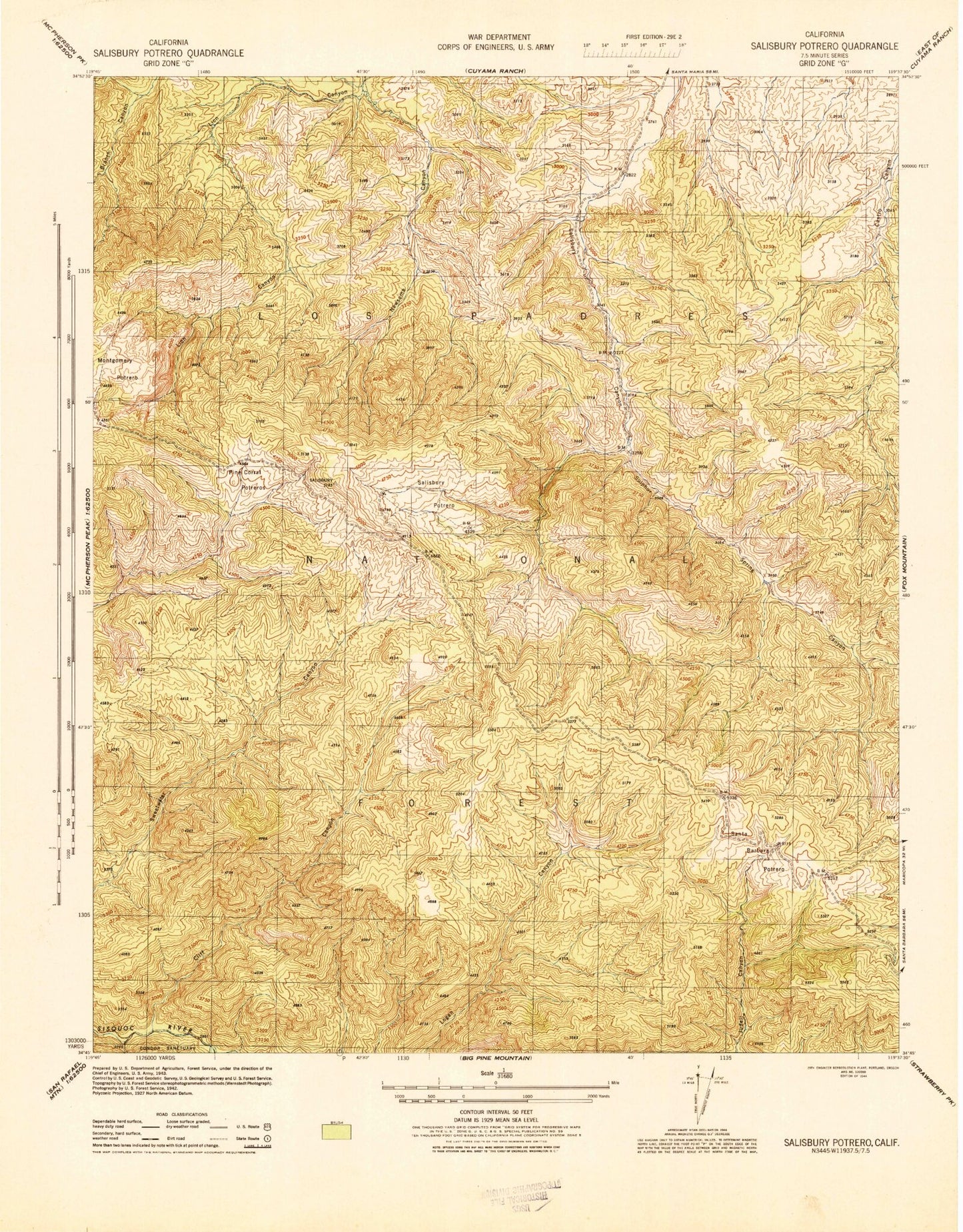 Classic USGS Salisbury Potrero California 7.5'x7.5' Topo Map Image